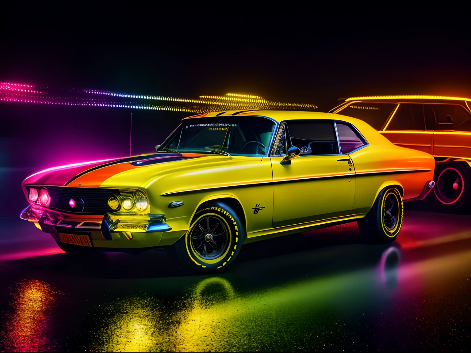 A classic car in a chiaroscuro setting with neon yellow accents, featuring orange glitter elements, and an added layer of reflection, style raw [Low angle], action scene, dynamic action, film grain, motion blur, Epic realism, raw photo, highly-detailed, 8k