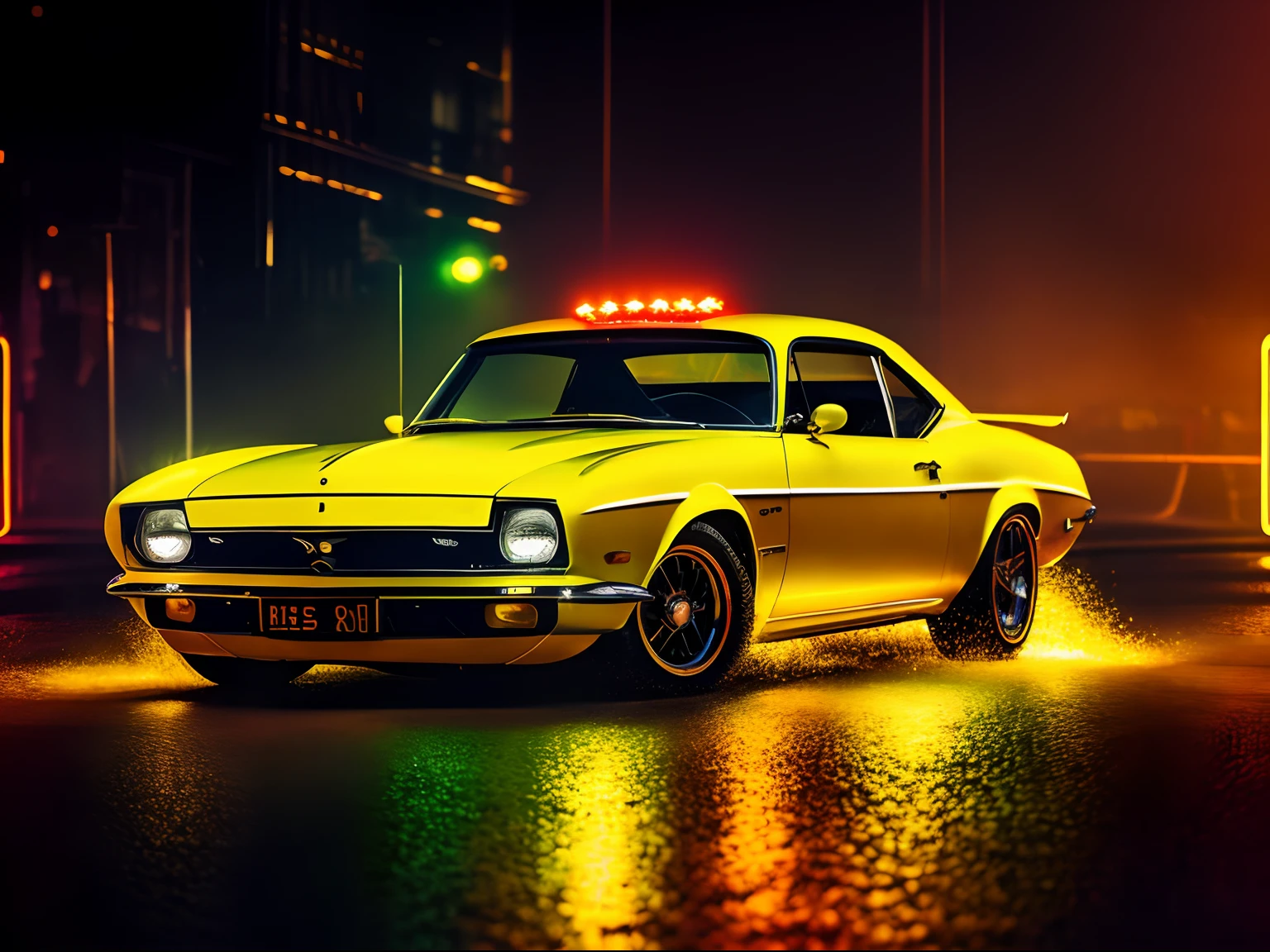 A classic car in a chiaroscuro setting with neon yellow accents, featuring orange glitter elements, and an added layer of reflection, style raw [Low angle], action scene, dynamic action, film grain, motion blur, Epic realism, raw photo, highly-detailed, 8k