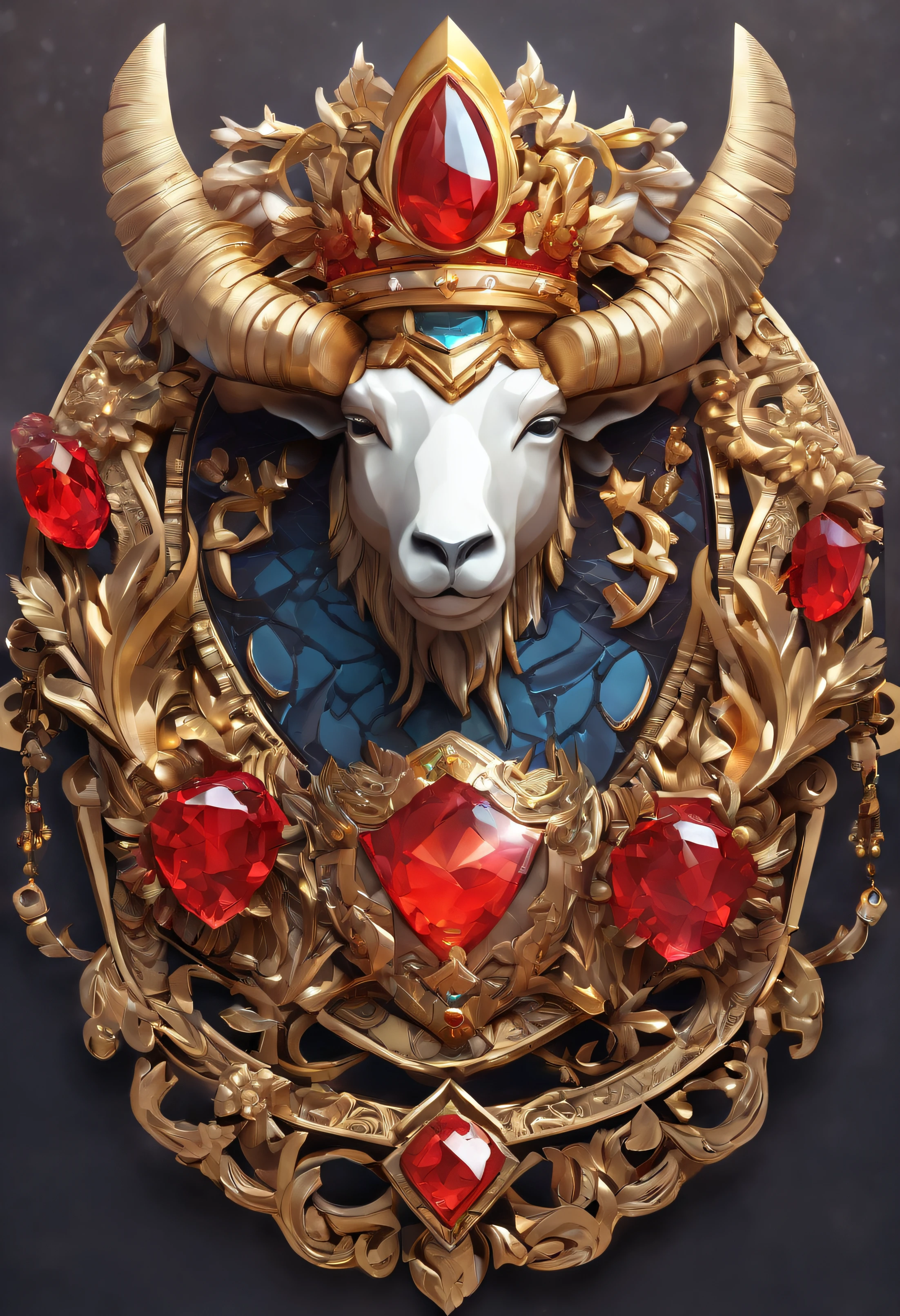 Gemstone design，a jewellery design，a jewellery design，Medallion with a close-up of a metal sheep's head，tiara crown，hearthstone art style, Hearthstone style art, hearthstone concept art, Riot game concept art, style of league of legends, iconic character splash art, League of Legends Crown，Game badge，Surrounding metal feathers，Red gold，c4d渲染，Less detail，less detailing，Huge metal sheep's head in the middle，inlaid gemstones