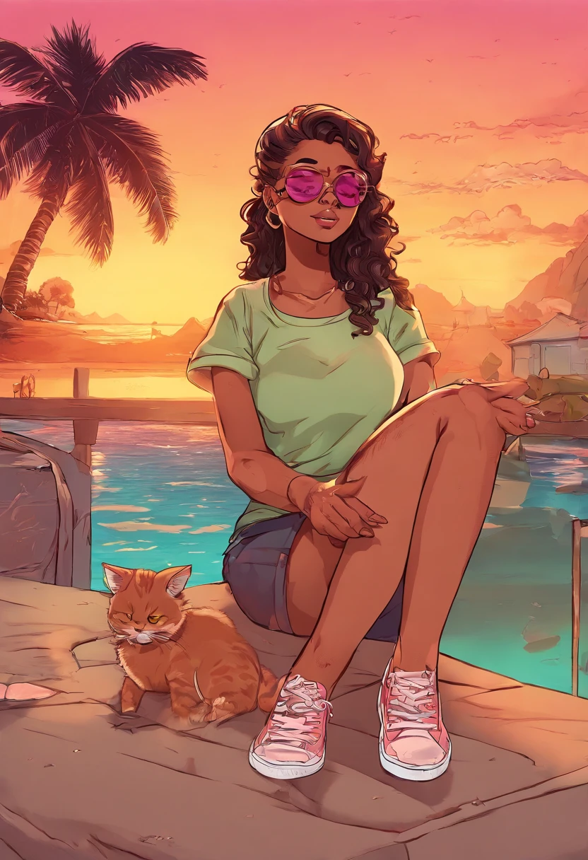 obra-prima, melhor qualidade, brilhante, feliz, Soft lighting and Warm, sun sunset, menina parda, cabelos encaracolados longos ate metade das costas com oculos redondos lendo um livro com um gato de duas cores preto e branco fofo garota sentada numa janela vendo a paisagem do mar ao por do sol garota magra adolecente cabelo preto (Sparks: 0,7)