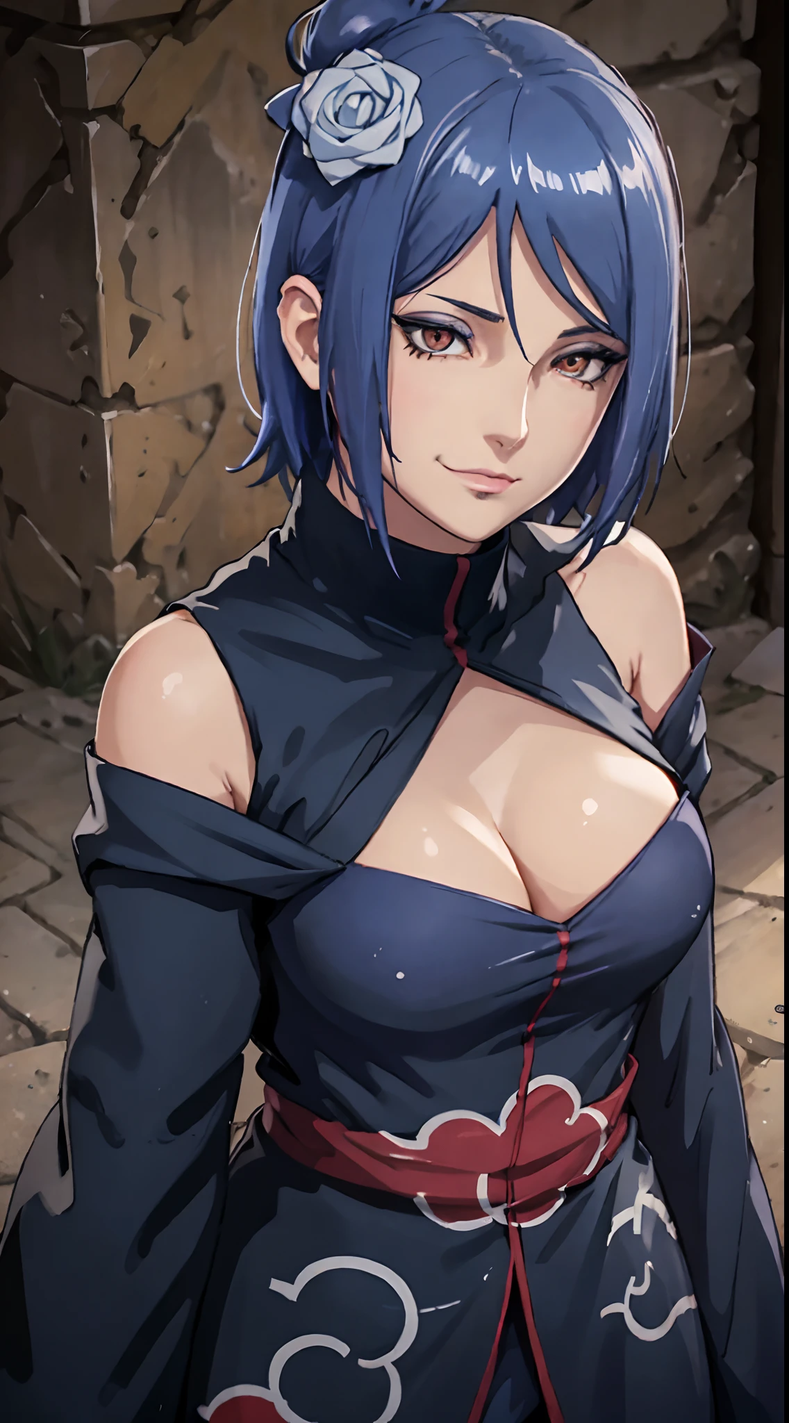 one-girl，ssmile，looks into camera，sportrait，（cleavage:1.5），（Off-the-shoulder attire:1.5)（best qualtiy），（tmasterpiece）
Xiaonan\（Naruto\），（AKATSUKI OUTFIT：1.1），dardark blue hair