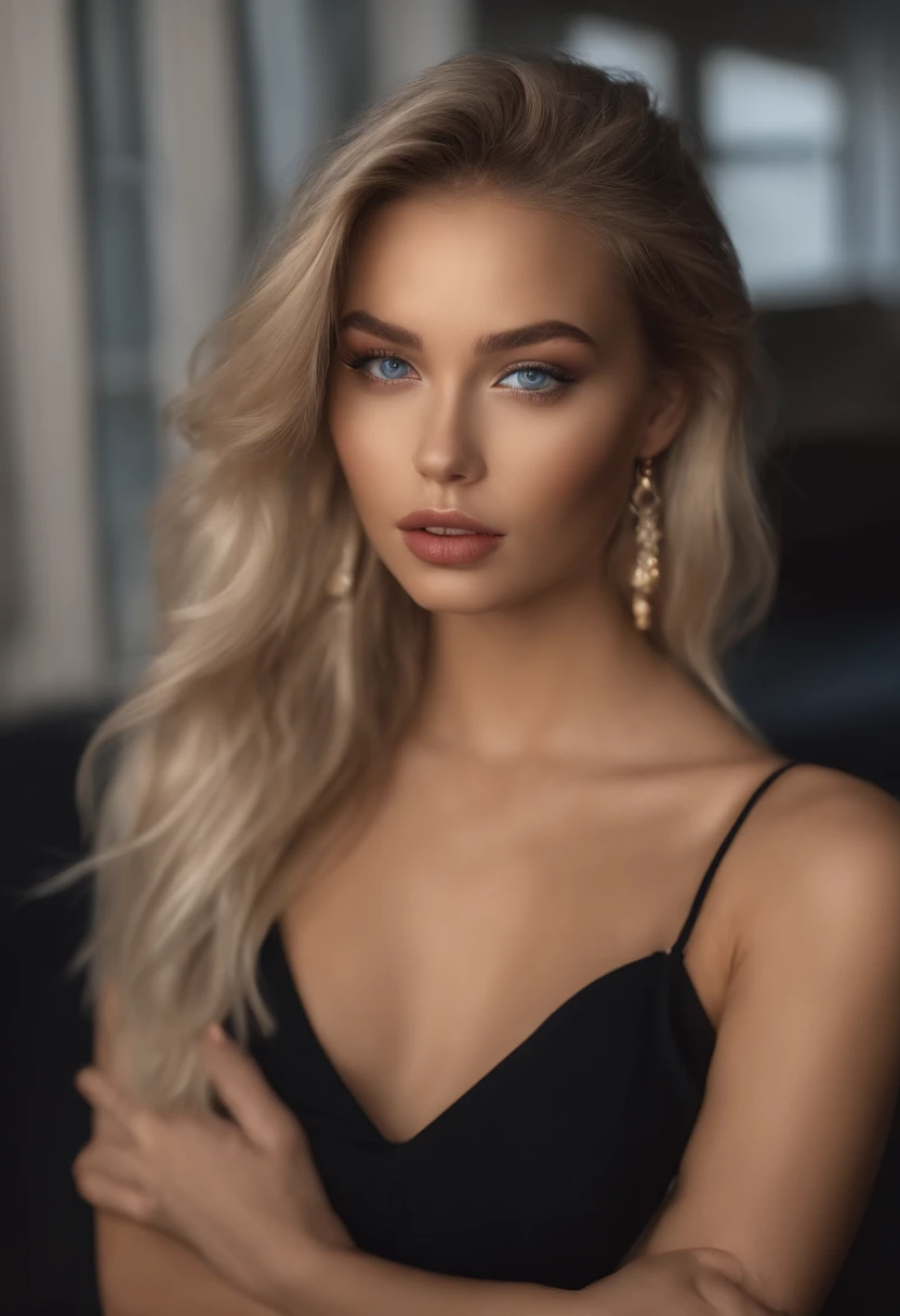 Femme Arafed en entier , fille sexy aux yeux bleus, ultra realist, Meticulous details, Portrait Sophie Mudd, cheveux blonds maquillage flashy, looking straight at camera, Visage avec Artgram, pantalon en cuir