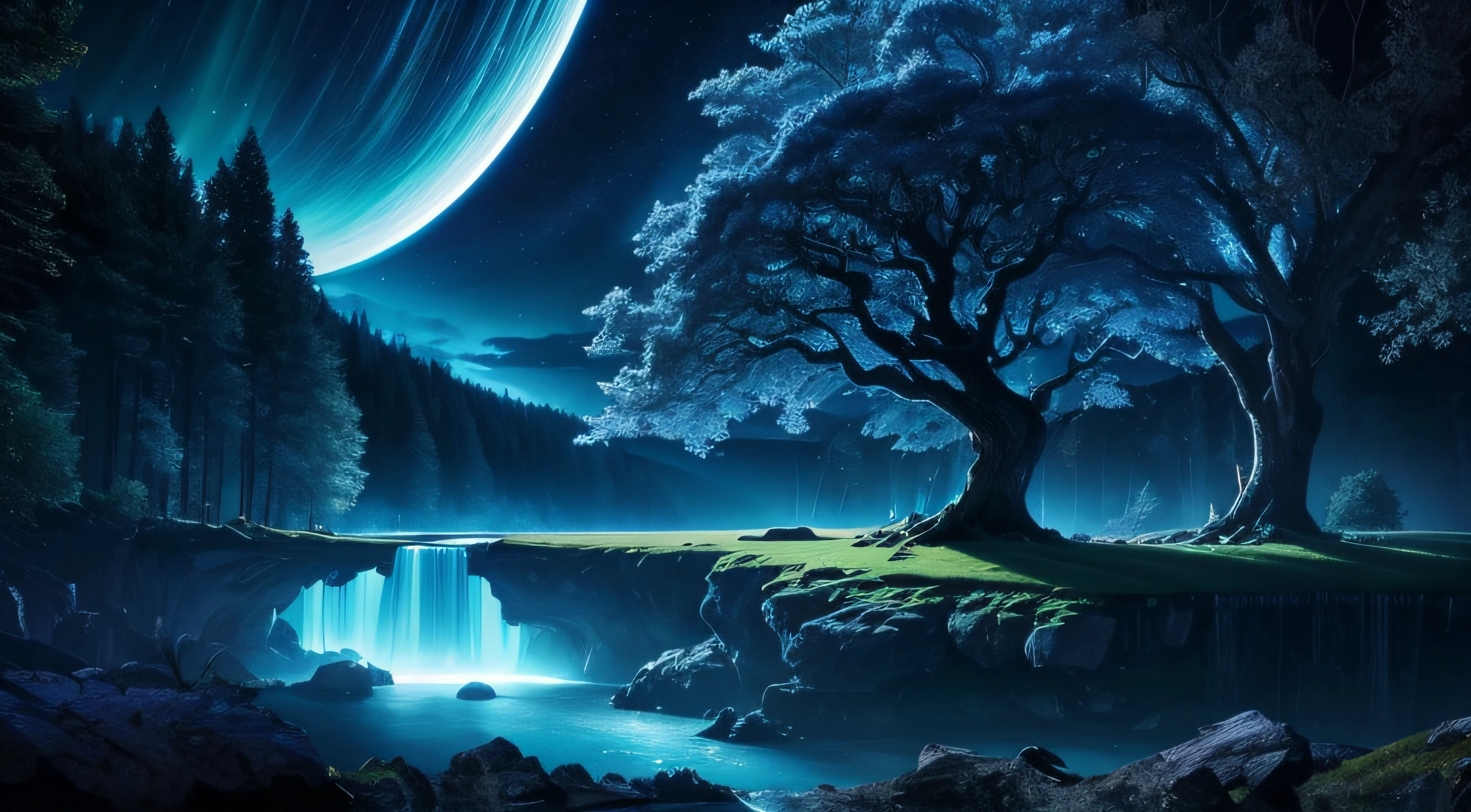 ultra detailed, beautiful and aesthetic, beautiful, masterpiece , mystery , atmospheric , fantastic , supernatural , best quality, dark cloudy night , 1 tree , very huge and very tall ancient fantasy tree , 1 huge blue glowing tree , tree splitting cloudy sky and moonlight beam coming down , flower field , few stone and cliff , shining tree , fantasy glowing bird around it , tree gathering blue glowing magic , blue shining river passes , river emitting blue magic , river make waterfall ,  fantasy aurora , (ultra detailed scene) , (ultra detailed tree) , (ultra detailed moonlight beam) , (ultra detailed glowing river) , (ultra detailed waterfall) , (ultra detailed aurora)