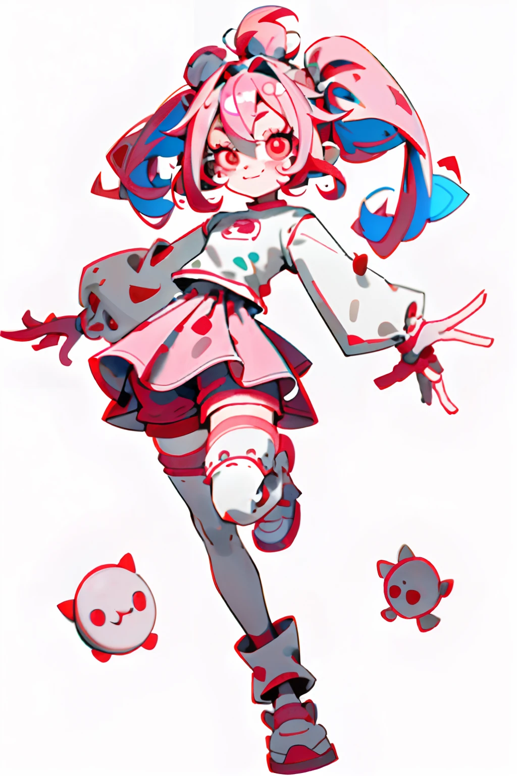 crazy cloud haired girl, pink hair, full body picture, pink eyes, heart shaped pupils, insane smile, blood splatter, 1GIRL, insane girl in long pink hair, crown, princess bubblegum style, finely detailed, (best quality), (intricate details), cute style, loli, jester style, multicolored, ((long pink messiest hair in pigtails)), best quality, ((long sleeve shirt and shorts)), ((red and white clothes)), ((jester style clothes)), ((thigh high socks)), ((round eyes)), ((has jester makeup)), beautiful face, happy, cute face, pinup, perfect face, simple background portrait, clowh hear cards, bubble gums