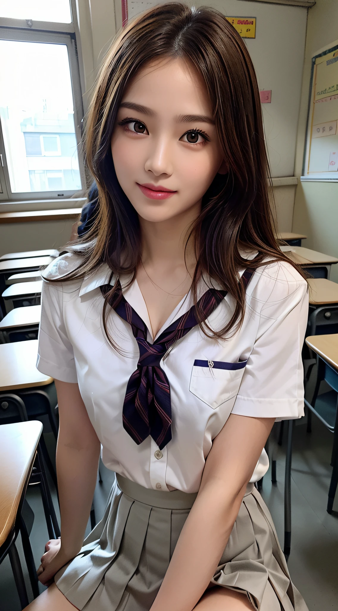 (1girl), (sexy look:1.5), (flat chest:1.3), (Highly detailed eyes, Highly detailed face), (Hyper-realistic, hight resolution), (Best Quality:1.4), (hyper quality), Authentic skin texture, Raw photo, (Realistic, Photorealsitic:1.37), highly detailed, Professional Photography, (school uniform, pleated skirt:1.3), (Staring at me), (School, classroom), (facing me and kissing me:1.4),
