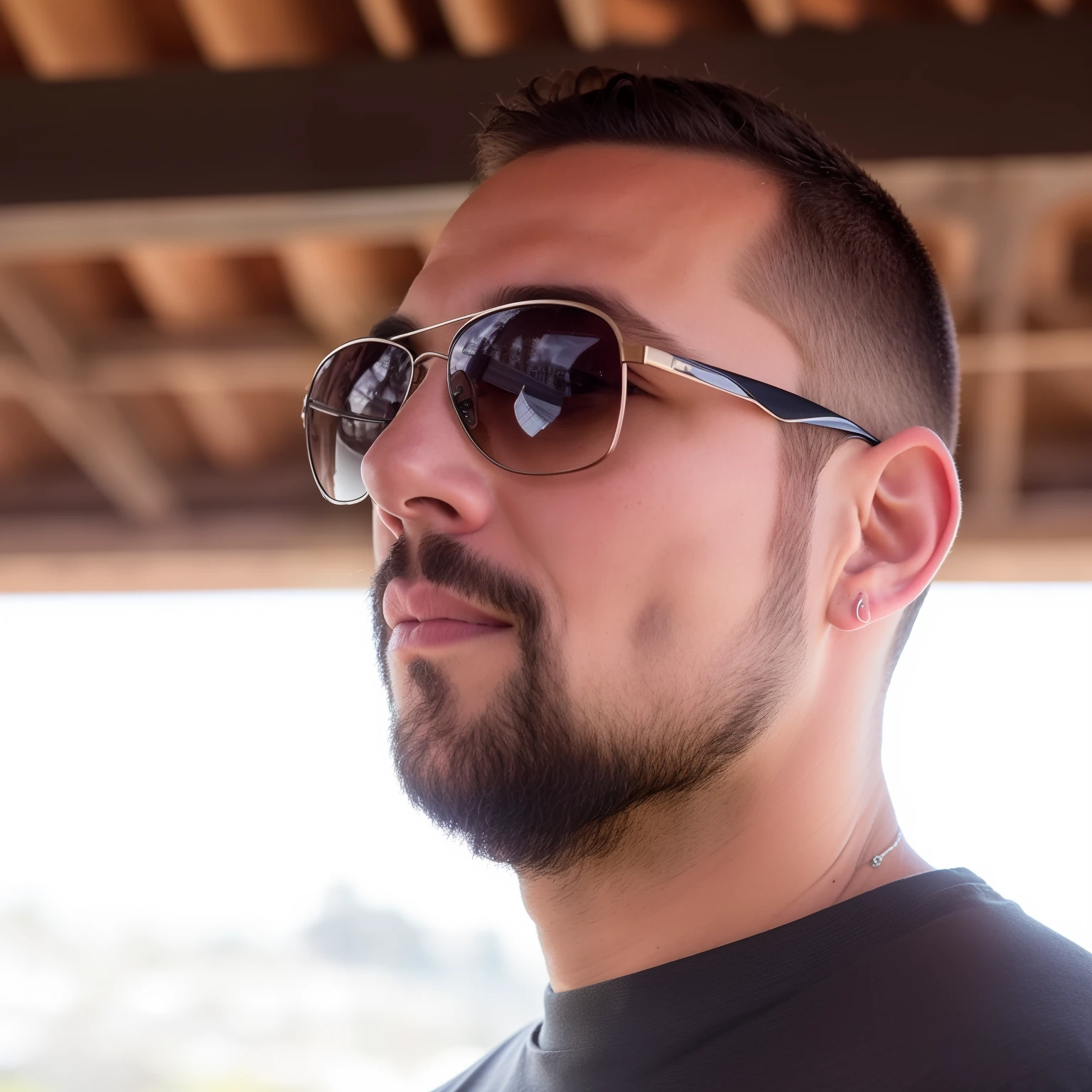 There's a man in sunglasses and a gray shirt, with glasses and goatee, looking to the side off camera, profile view, looking away from camera, vacation photo, Simon Hollosy, Looking away from the camera, Foto de perfil, perspectiva do perfil, selfie shot straight on angle, retrato de perfil, rosto perfeitamente sombreado, profile close-up view