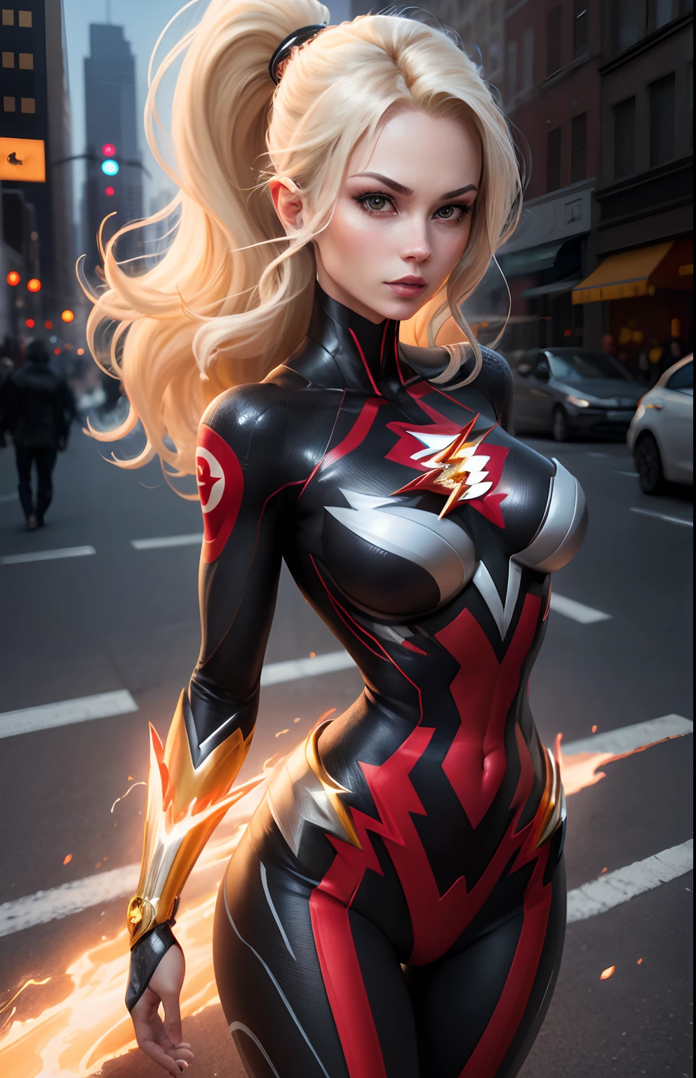 ((Flash woman)) , blonde , medium hips, (( ultra realistic )), TM Ninja white,Icons, vibrant colors, vector style, digital art, 4k, intricate details, Mesmerizing, professionally made, Beautiful vector Illustration, 12k resolution, ..3d, all characters full-length detailed, ((highly detailed)), ((vibrant)),((Ultra high quality)), ((hyperrealism)), ((photorealism)), [ octan render], in the city, many cars (realistic)