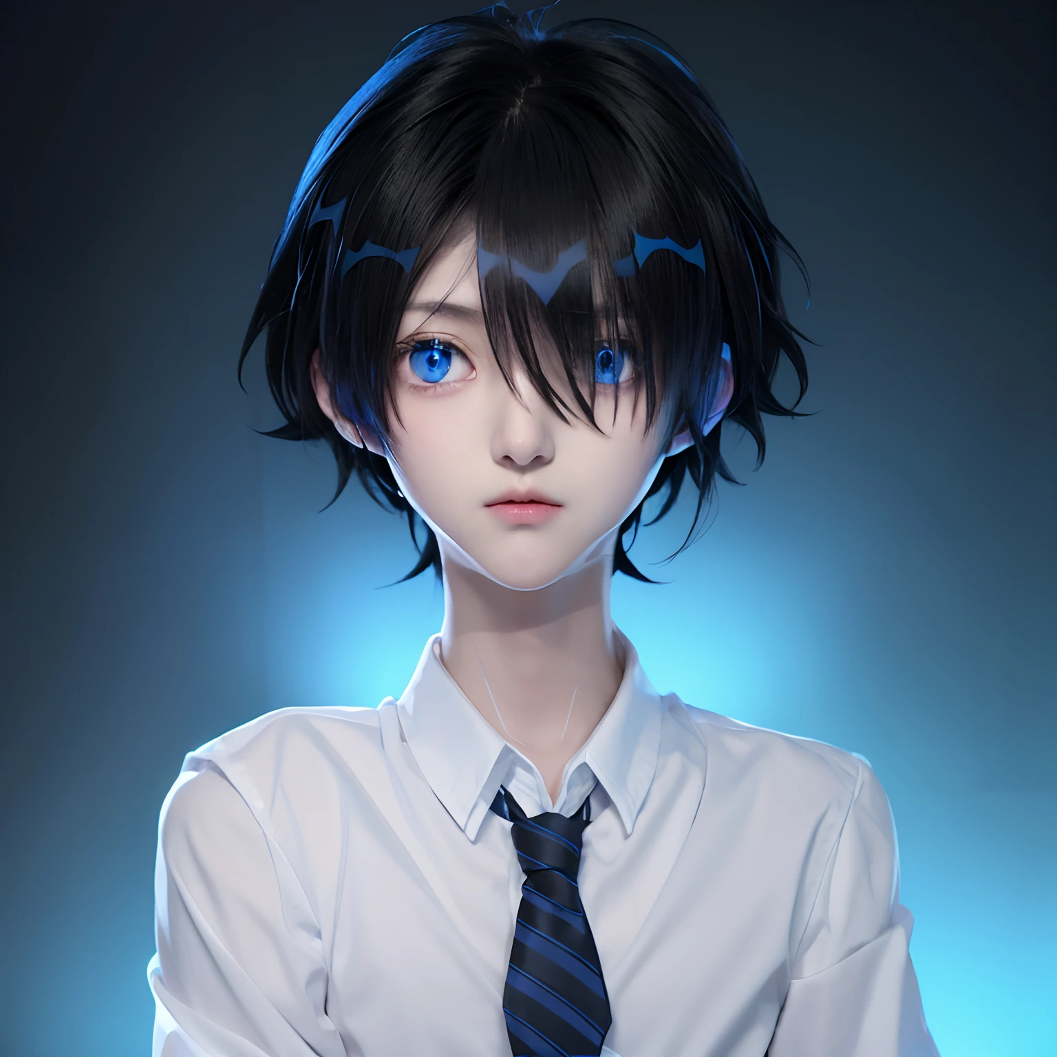 Anime boy with black hair and blue eyes wearing a white shirt and tie, inspired by Okumura Togyu, Anime moe art style, Tall anime guy with blue eyes, inspirado em Okumura Masanobu, gapmoe yandere, young anime man, portrait gapmoe yandere grimdark, Anime boy, made with anime painter studio