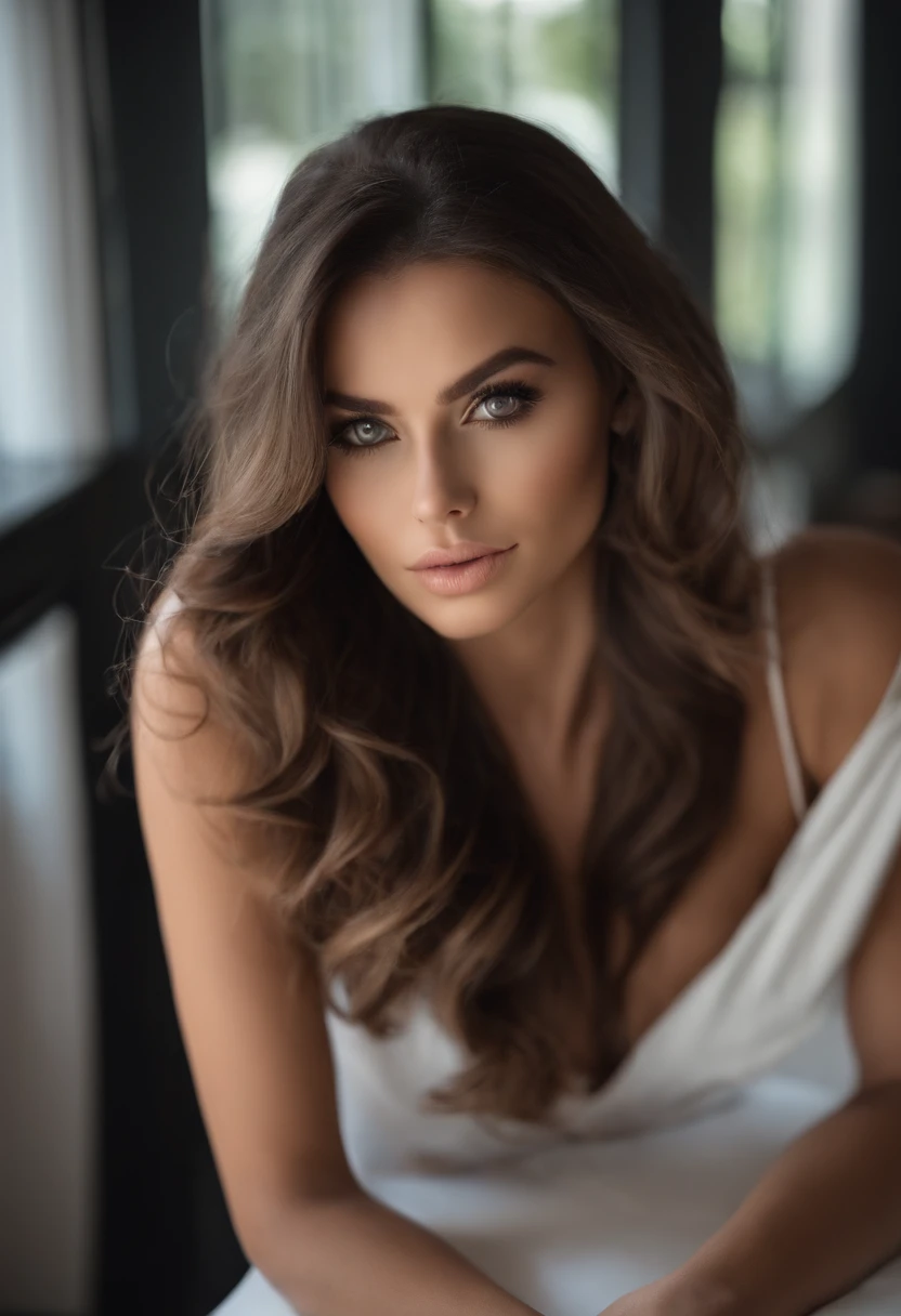 Femme Arafed complètement , fille sexy aux yeux bruns, ultra réaliste, Méticuleusement détaillé, Portrait Sophie Mudd, cheveux bruns et grands yeux, Selfie d’une jeune femme, Dubai Eyes, Violet Myers, sans maquillage, maquillage naturel, Regarder directement la caméra, Visage avec Artgram, Maquillage subtil, Superbe photo du corps entier agenouillée sur le lit, dans la chambre, Buste de taille moyenne à grande, espagnol
