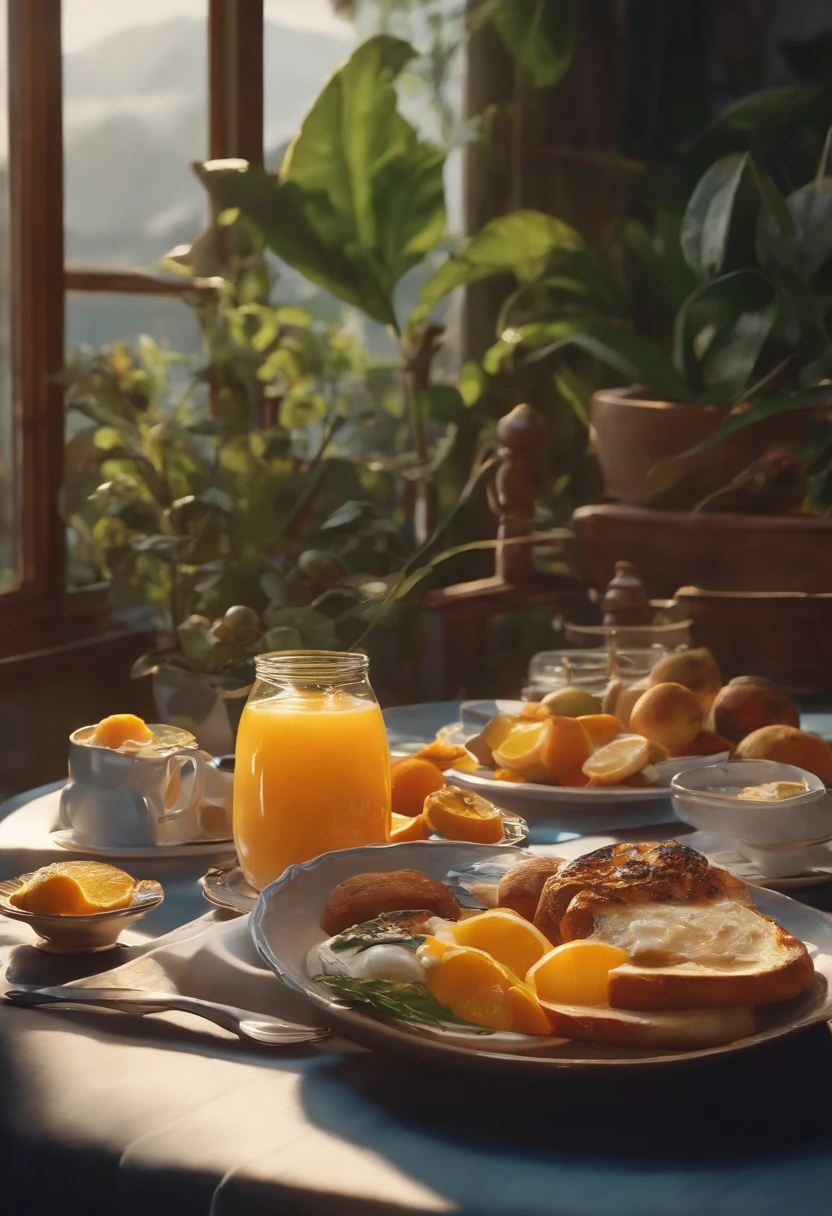 Realistic, vida real, Beautiful waterside breakfast table with bottom by Greg Rutkowski, Estilo de Laurie Greasley, ghibli studio, Geovane Tarantino, Tiago Gilleard, Impacto Genshin, pixiv fanbox trend, acrylic palette knife, 4k, (cores vibrantes), (Contraste de cores brilhantes), (altamente saturado), Devinart, trending in artstation