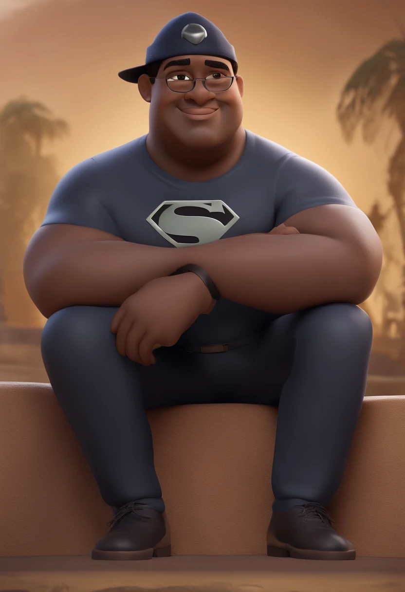 Disney Pixar 3d style illustration of a Brazilian man. Mixed European and African. His skin is dark, but he is not black. He is very tanned. He wears a black cap with a silver Superman emblem. He is approximately 47 years old. He's chubby and friendly. He has stubble with a few gray hairs. He wears thick, square glasses. He wears a camouflage t-shirt. He has a beautiful and fluffy cat. He is sitting in front of a computer from the 90s. He is a graphic designer.