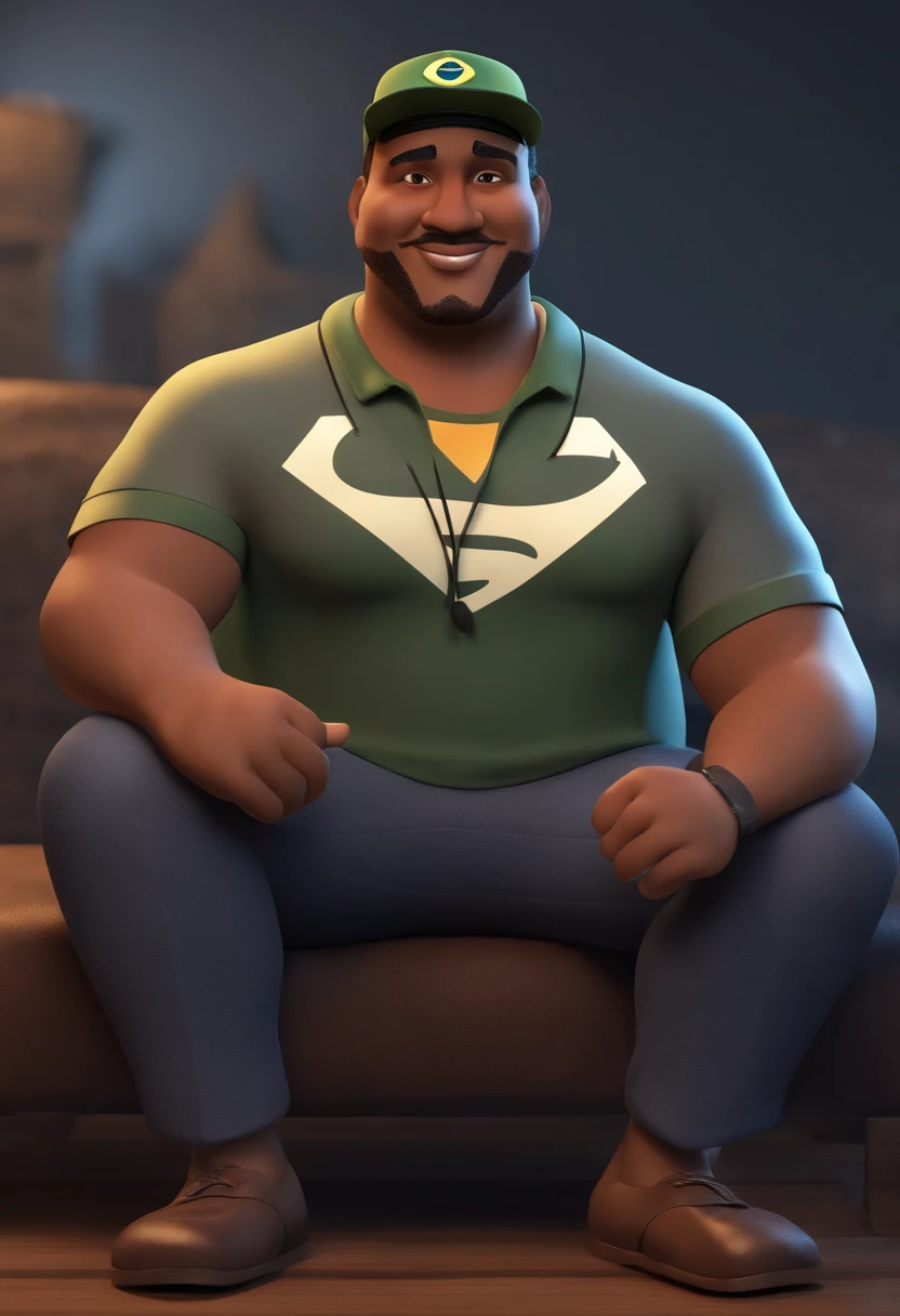 Disney Pixar 3d style illustration of a Brazilian man. Mixed European and African. His skin is dark, but he is not black. He is very tanned. He wears a black cap with a silver Superman emblem. He is approximately 47 years old. He's chubby and friendly. He has stubble with a few gray hairs. He wears thick, square glasses. He wears a camouflage t-shirt. He has a beautiful and fluffy cat. He is sitting in front of a computer from the 90s. He is a graphic designer.