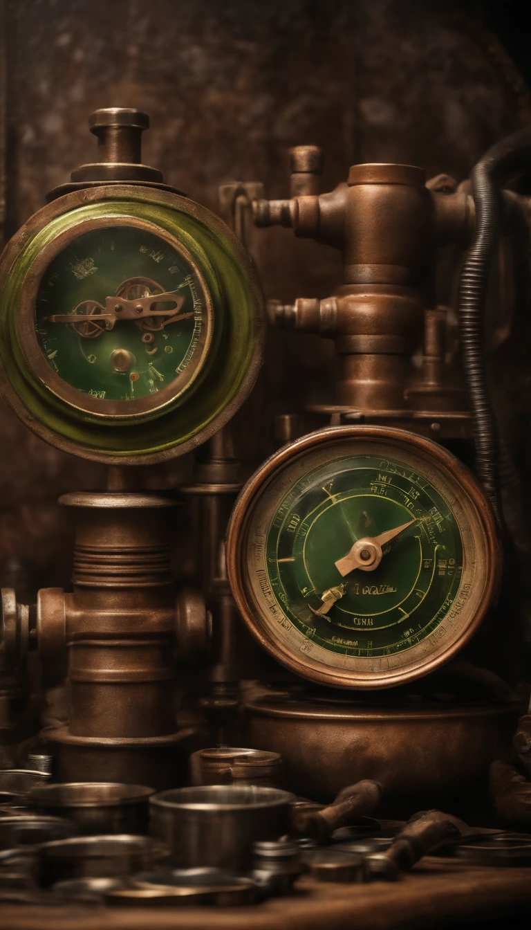Mobile wallpaper in steampunk style with a copper and brass gear panel, muitos tubos cobre polido, vapor, Tubes with bright light green liquids, Pressure gauge, 3D, realista, 4k
