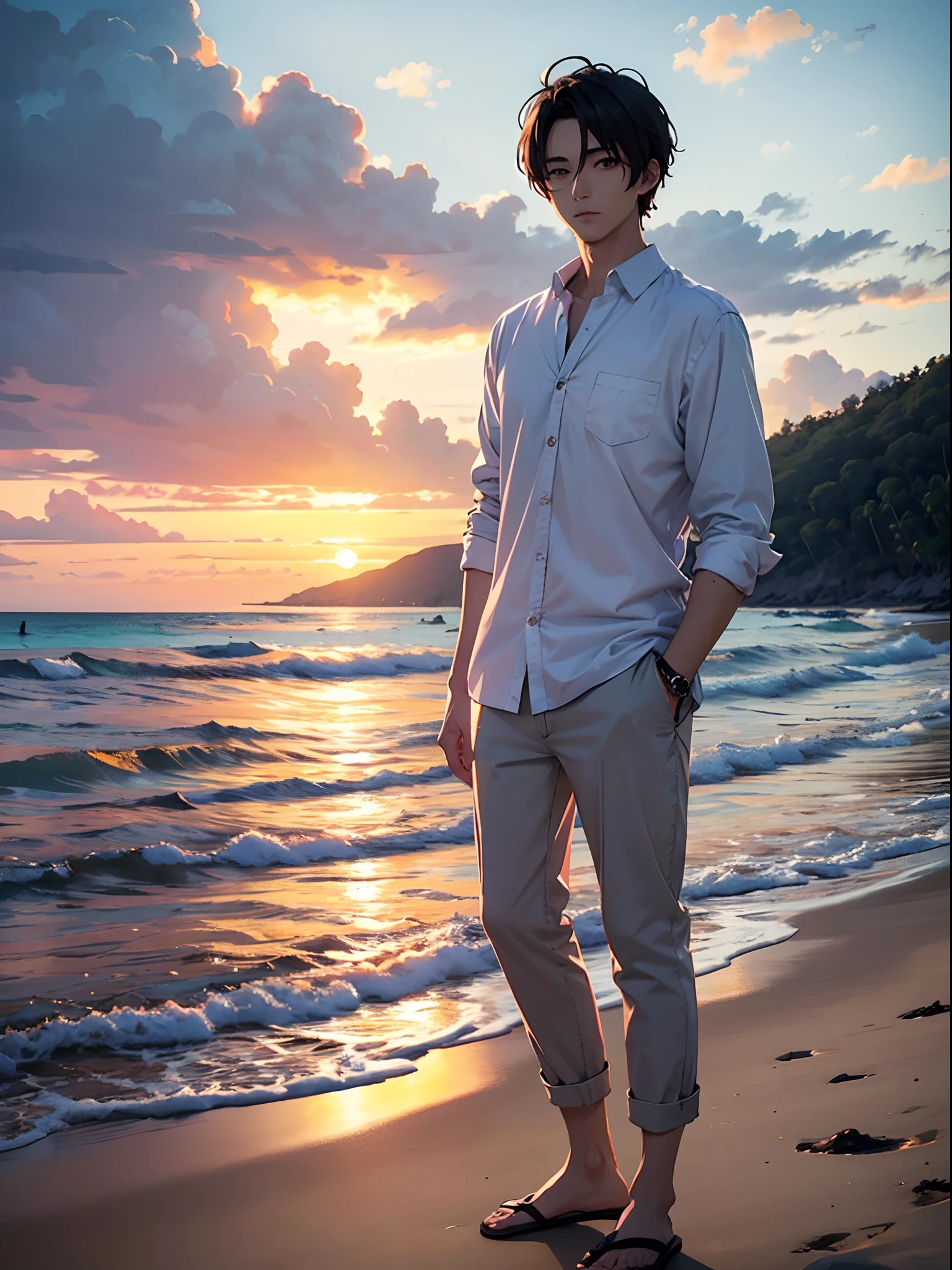 handsome anime man in casual style clothes, white chinos and oversized shirt, white beach, sunset