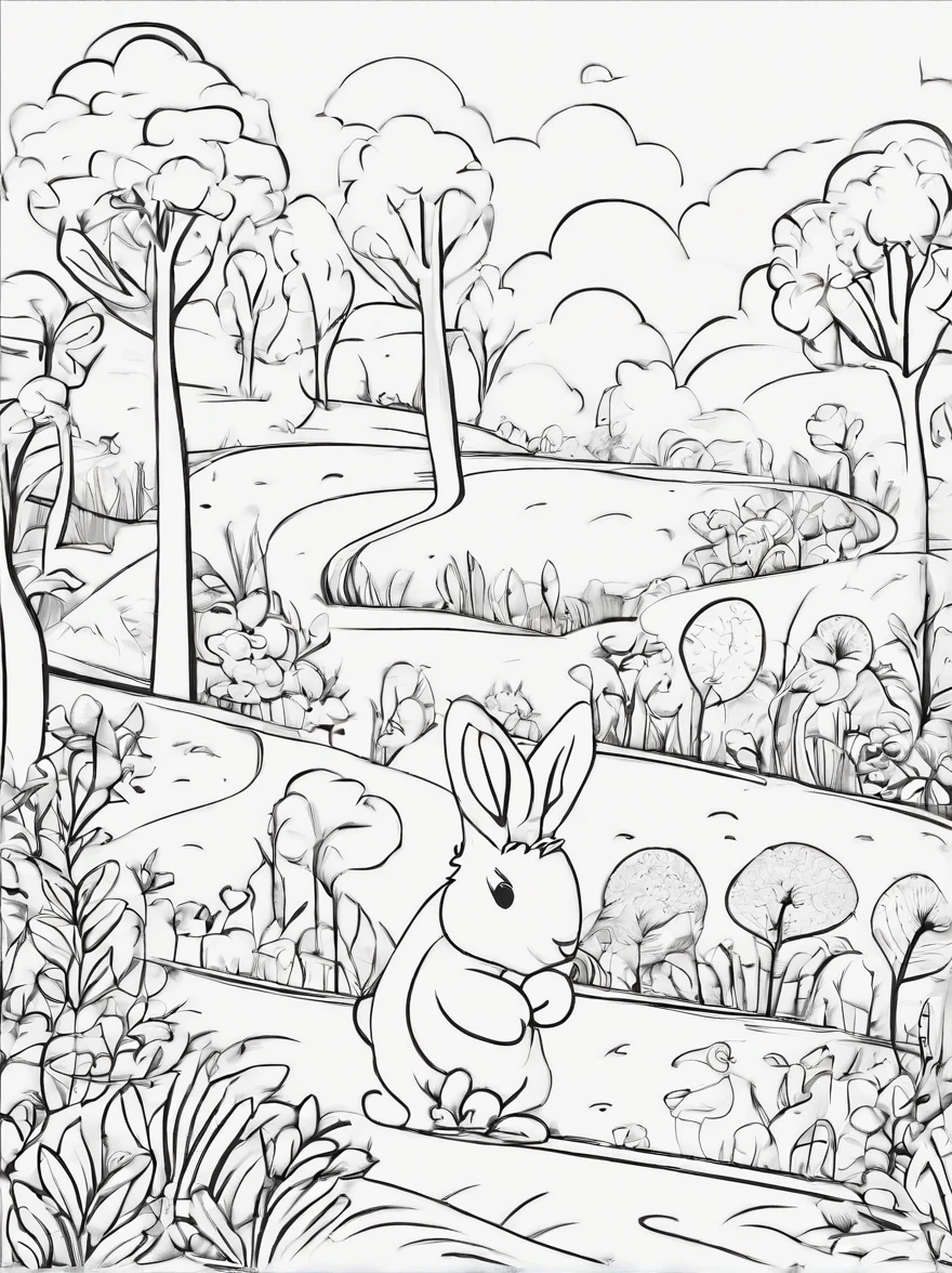 an bunny walking in pathway, line art. cartoon character, 3d style, high quility, colorin book, hand draw, line art. no shadow.