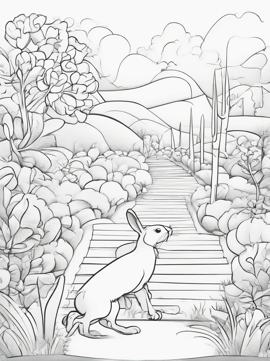 an bunny walking in pathway, line art. cartoon character, 3d style, high quility, colorin book, hand draw, line art. no shadow.