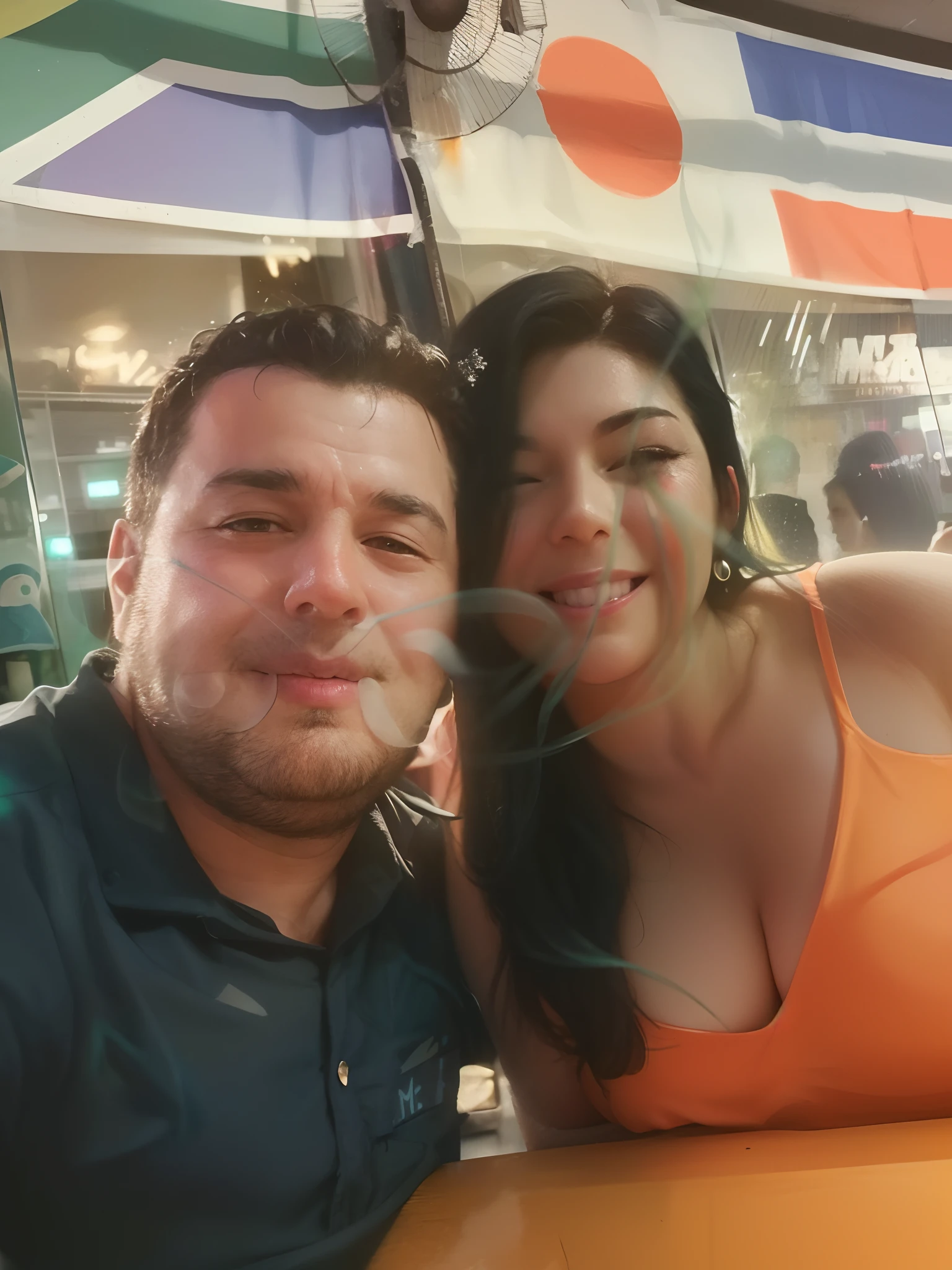 (melhor qualidade, Realistic), A couple enjoying a romantic moment in a Brazilian carnival electric trio, the street is crowded, the wife is crying, rosto perfeito, batom vermelho, wearing a curvy and wet floral dress while her husband jerks her from behind, pele molhada, leite sobre o corpo