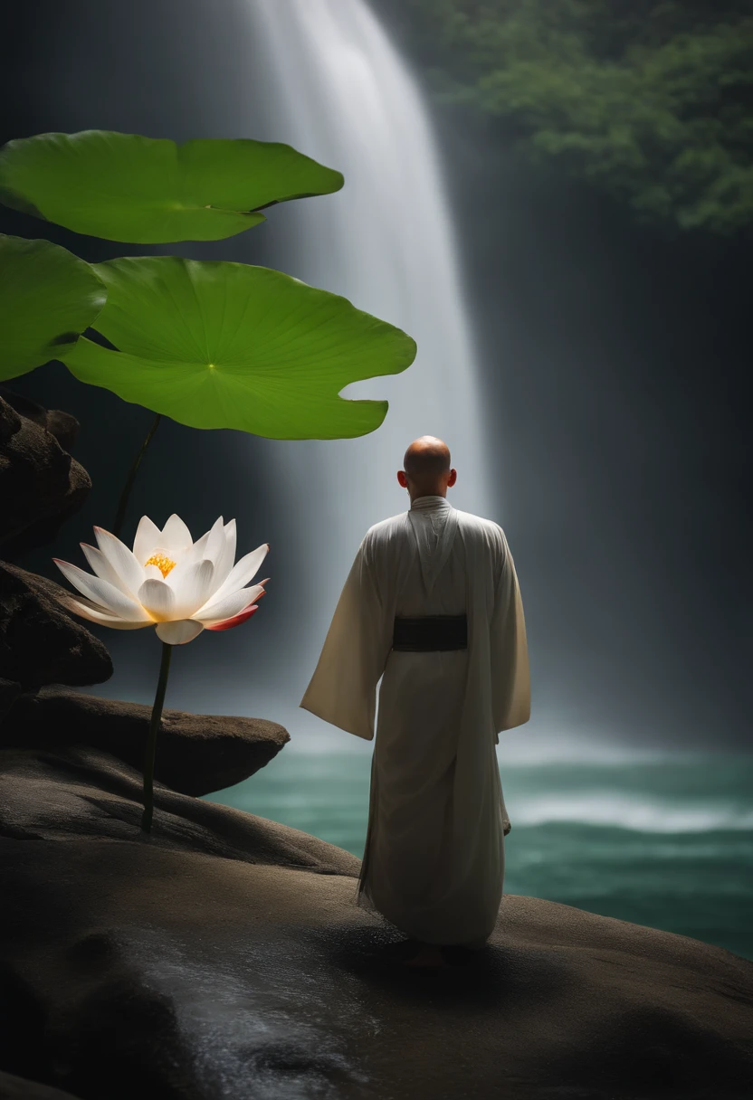 Highly detailed film water and ocean palette, a bald monk standing at the water's edge in white Hanfu, uma enorme cobra verde, A huge lotus flower on white, uma cachoeira muito alta, detalhes faciais requintados, Holofotes, perfect composition, surreal, ultra-detalhado, 8k, alta qualidade, Clear focus, detalhes intrincados, altamente detalhado, dynamic lighting, ambiente detalhado e complexo,