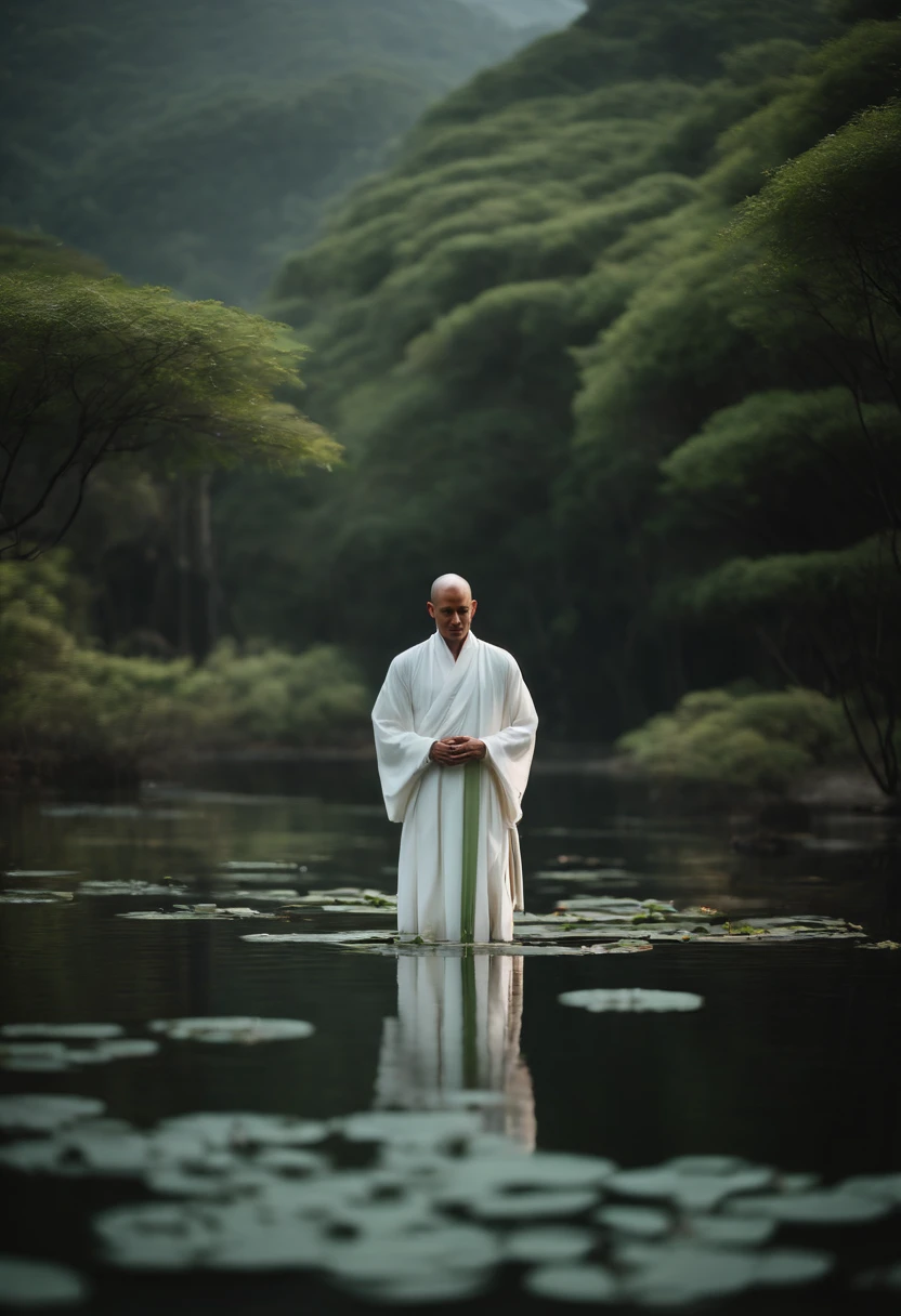 Highly detailed film water and ocean palette, a bald monk standing at the water's edge in white Hanfu, uma enorme cobra verde, A huge lotus flower on white, uma cachoeira muito alta, detalhes faciais requintados, Holofotes, perfect composition, surreal, ultra-detalhado, 8k, alta qualidade, Clear focus, detalhes intrincados, altamente detalhado, dynamic lighting, ambiente detalhado e complexo,