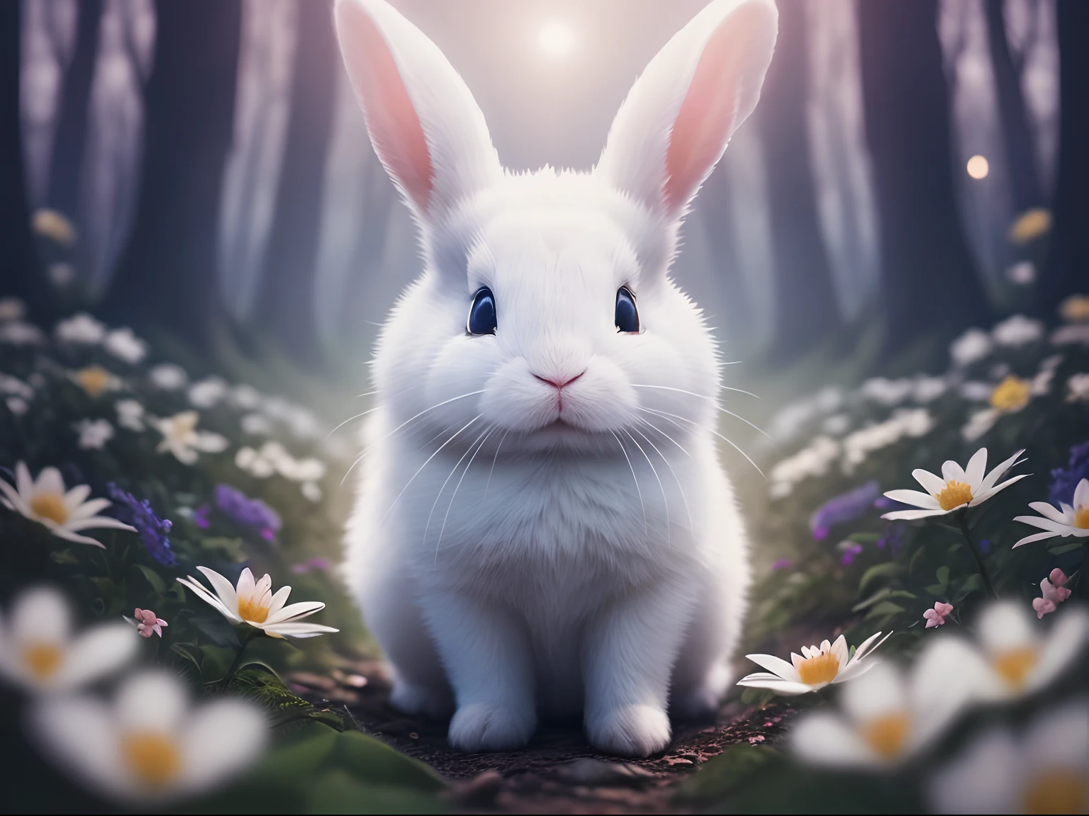 Close-up photo of a white rabbit in the enchanted forest,clean backdrop,depth of fields,largeaperture,photography of,during night,glowworm,volume fog,Halo,blooms,Dramatic atmosphere,at centre,the rule of thirds,200mm 1.4F macro shooting