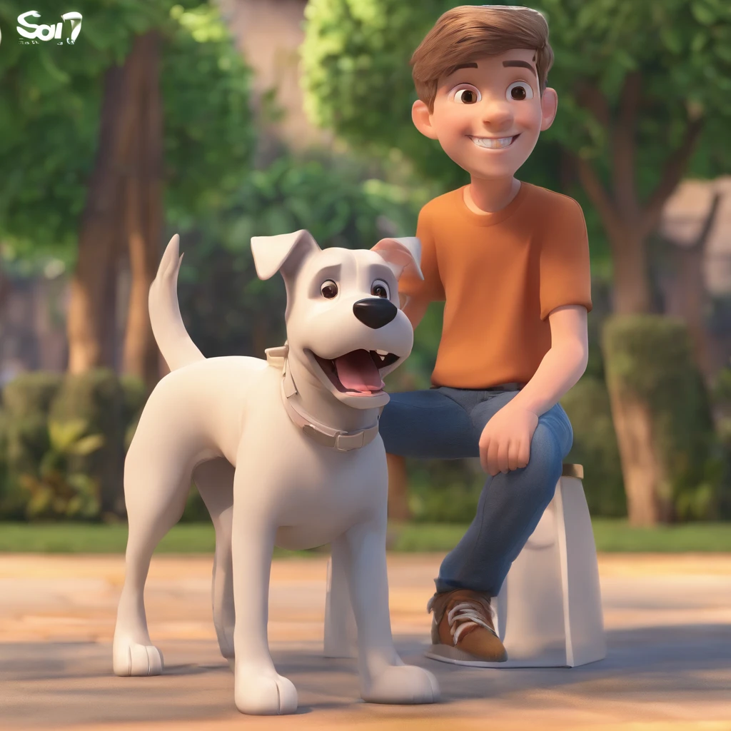Lucas is a smiling 15-year-old human boy, com seu fiel amigo, Bolt, o cachorro schnauzer, deitados no jardim