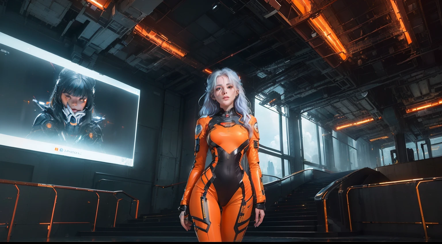 (realisitic,Photorealsitic:1.4),(1 Beauty:1.3),(beautiful countenance:1.5),Detailed shiny skin,A detailed eye,Precise hands and fingers,8K HDR, , masterpiece, (Dynamic angle footage),电影灯光, Finely drawn backgrounds,accurate fingers,(futuristic cities,A large number of high-tech machines,Sci-fi building,Multi-colored lighting,Composition with a lot of orange color,Sci-Fi attire,Perspective distant and near view:1.3),beautiful caucasian,White sportswear,blue hairs,Spaces with many stairs,You can see far into the distance,Jumping and kicking,Attractive buttocks line,thighs exposed