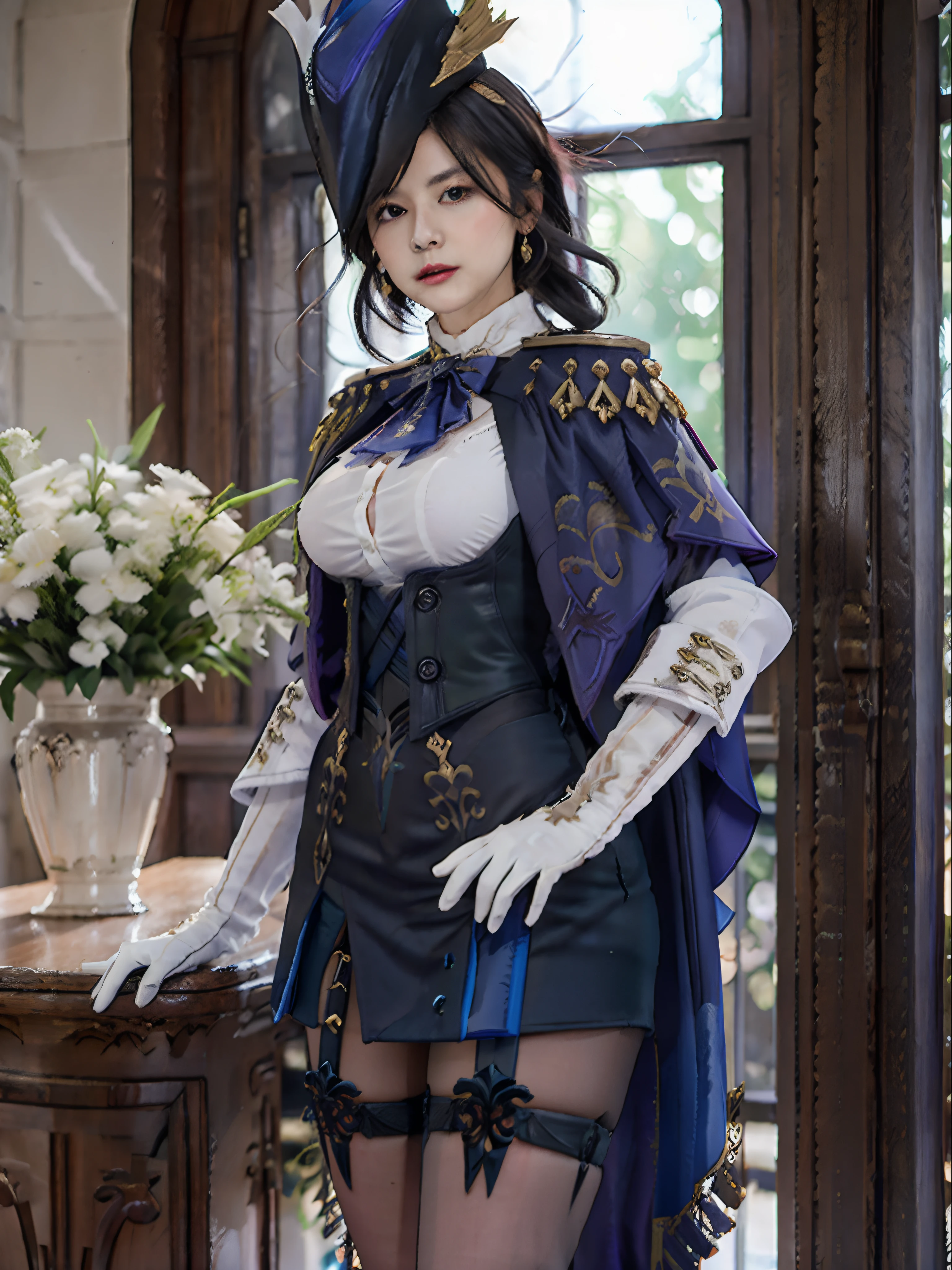 1girl in, Klonde \(GenshinImpact\), tricorne, pantyhose, earrings, blue cape, White Gloves, pencil skirts, White shirt, Thigh strap, Underbust, ascot, Jacket, depth of fields, Standing, Cowboy Shot, Glaring, put hands on the hip, Looking at Viewer, chies, Indoors