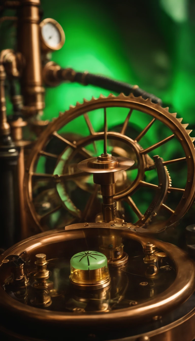 Mobile wallpaper in steampunk style with a copper and brass gear panel, muitos tubos cobre polido, vapor, Tubes with bright light green liquids, Pressure gauge, 3D, realista, 4k