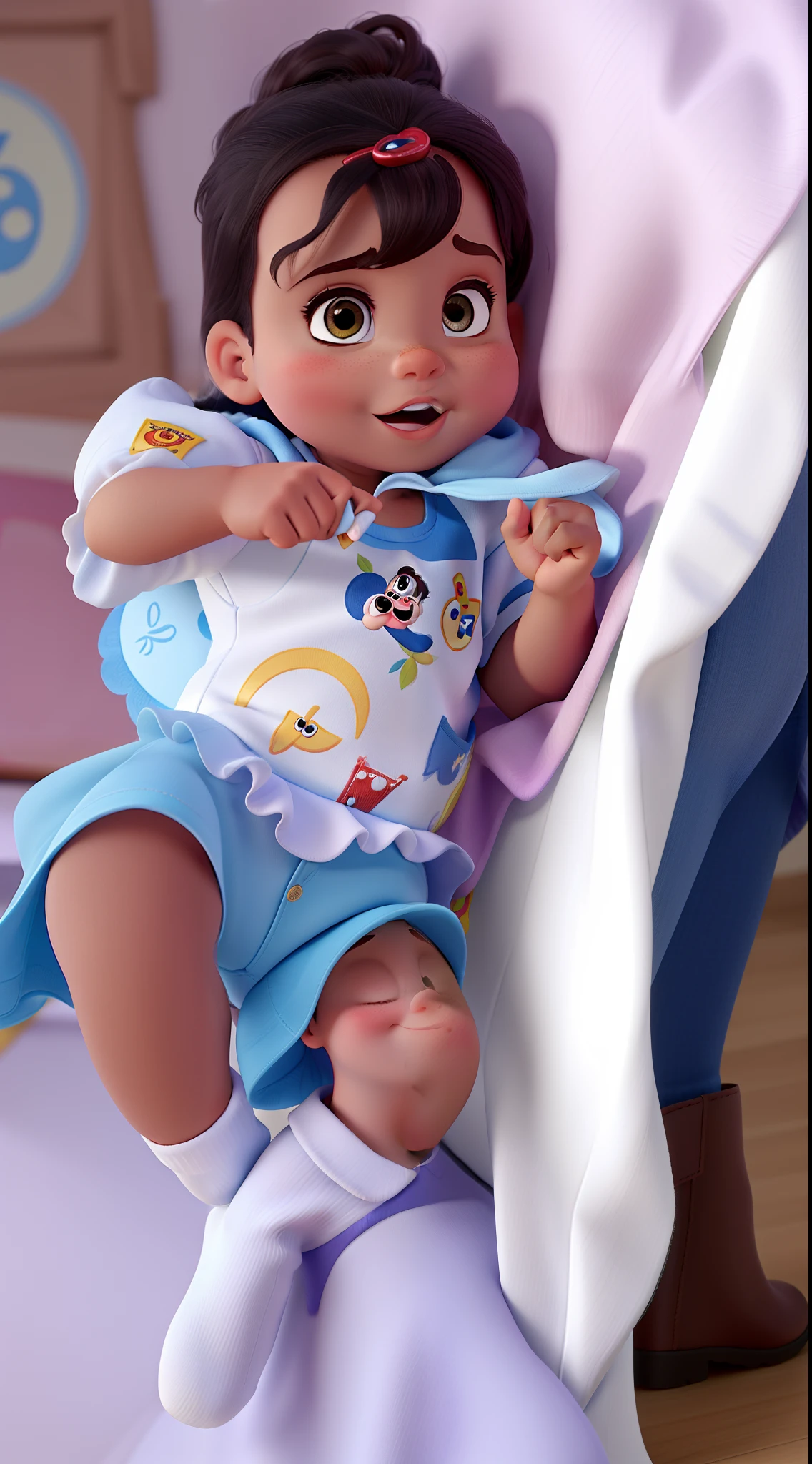 A mother looks at the newborn baby she is holding on her lap