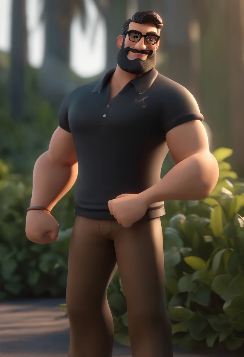 Cartoon character of a man with black glasses and a black polo shirt, cabelo liso, With beard and old school tattoo on his arm, animation character, Caractere estilizado, animation style rendering, 3D estilizado, Arnold Maya render, 3 d render stylized, toon render keyshot, Personagem 3D, Personagem 3D, 3d rendering stylized, 3 d character render, personagem de desenho animado, Personagem de close up, Pose de personagem,  (Estilo Pixar) (master part:1.2) (Bokeh) (best quality) (pele detalhada) (textura detalhada) (8k) (argila) (Cinematic lighting) (foco nítido