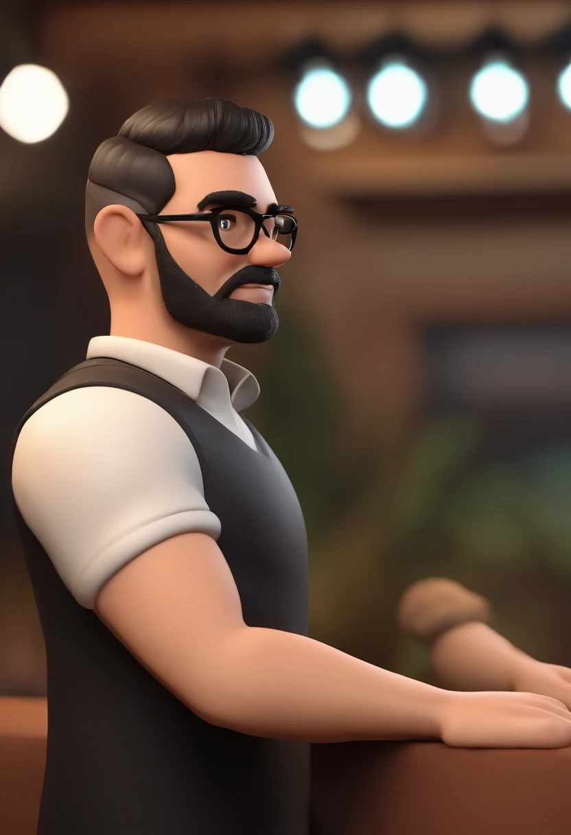 Cartoon character of a man with black glasses and a black polo shirt, cabelo liso, With beard and old school tattoo on his arm, animation character, Caractere estilizado, animation style rendering, 3D estilizado, Arnold Maya render, 3 d render stylized, toon render keyshot, Personagem 3D, Personagem 3D, 3d rendering stylized, 3 d character render, personagem de desenho animado, Personagem de close up, Pose de personagem, (Estilo Pixar) (master part:1.2) (Bokeh) (best quality) (pele detalhada) (textura detalhada) (8k) (argila) (Cinematic lighting) (foco nítido
