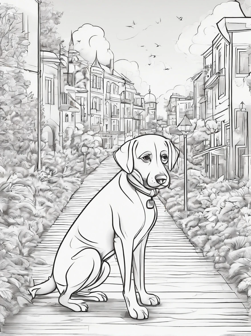 an dog walking in pathway, line art. cartoon character, 3d style, high quility, colorin book, hand draw, line art. no shadow.
