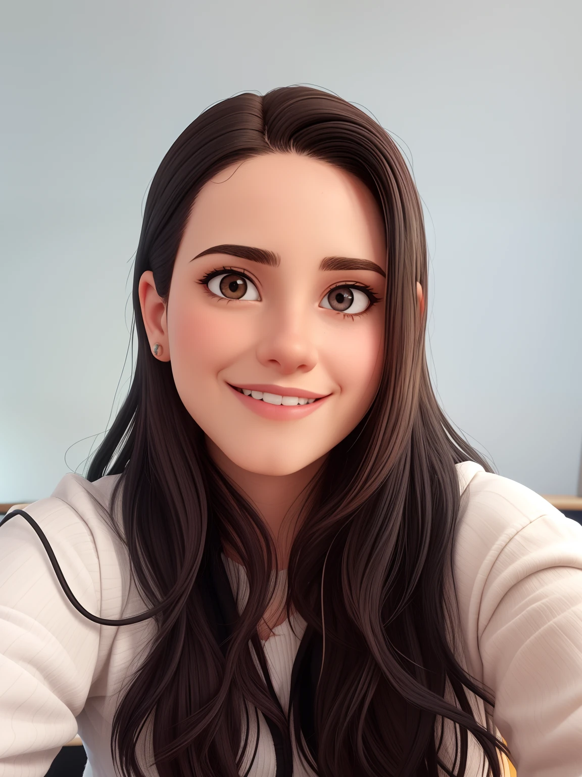 Uma mulher de 18 anos, com longos cabelos castanhos claro , Rosto redondo, sorriso encantador, e olhos castanhos, In a classroom, studio lighting, sign language interpreter and sign language teacher. She's wearing black clothes, blouse and black jeans