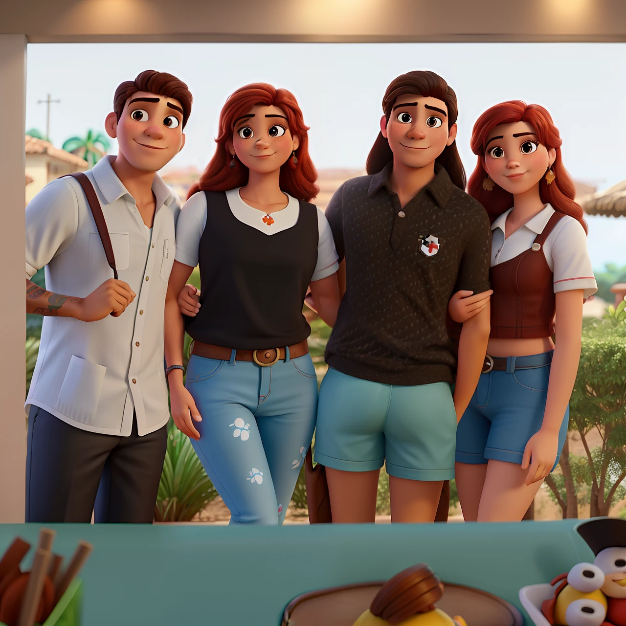 Grupo de amigos (homem moreno e 2 mulheres brancas, 1 morena) no estilo Disney Pixar, alta qualidade, melhor qualidade.