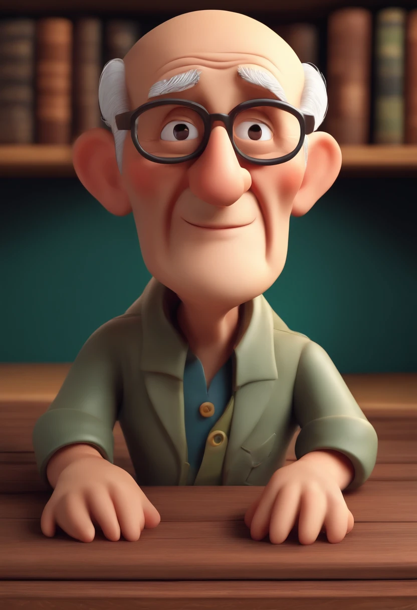 Cute 3D cartoon old man hand folded bald head on the front