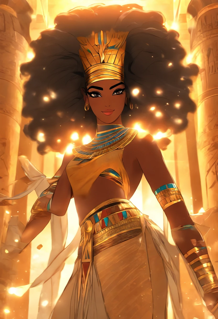 (((Egyptian goddess))) best quality, Very high resolution, CG detalhado 4K, master part, Egyptian mythology, Anuchis, mulher negra, sol no fundo, Egito Antigo, Egyptian temple, roupas laranja, egyptian clothes, deserto, Egito Antigo, Egyptian mythology, ((water goddess)), Egyptian palace, esthetic, Beautiful image, centralizado na tela, standing pose
