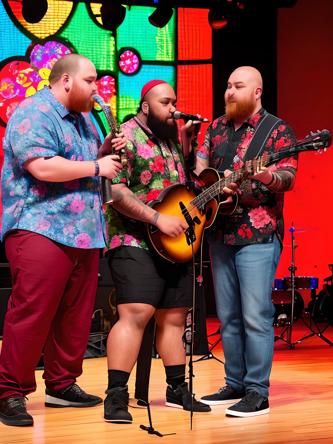 Photo of a band on stage with a bald black man playing drums, a red-haired man with a black beard and pants and blue jacket playing double bass, a fat man with a flowered button-down blouse and black shorts, and a man in a flowery blouse playing the guitar with a Maori tattoo on his right arm and a trumpet in his hand