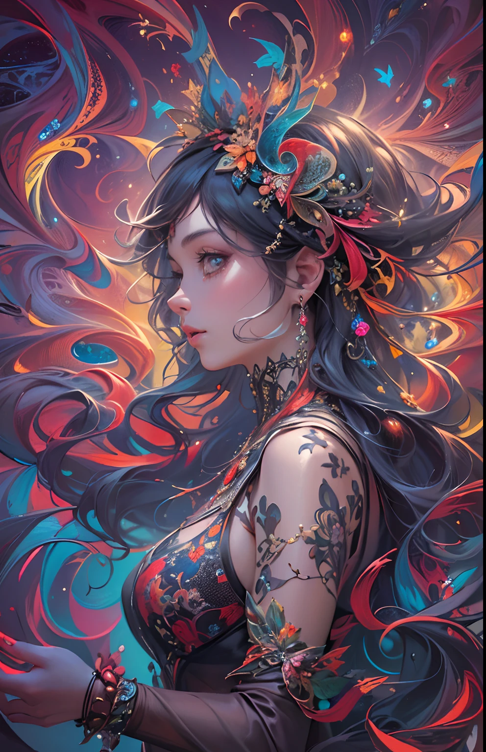 ((Best quality, 8k, Masterpiece :1.3)), 1girl, beautiful woman: 1.3, beautiful face, sensual position, showing ass, full-body side woman, saturated colors, psychedelic image, LSD, mandala, fractral, costume, tattoo, painted body, bride, body leaning forward, art similar to Alex Grey's art, lots of color saturation, woman, vortex, ultra realistic, planet earth, burning, galaxy --auto --s2