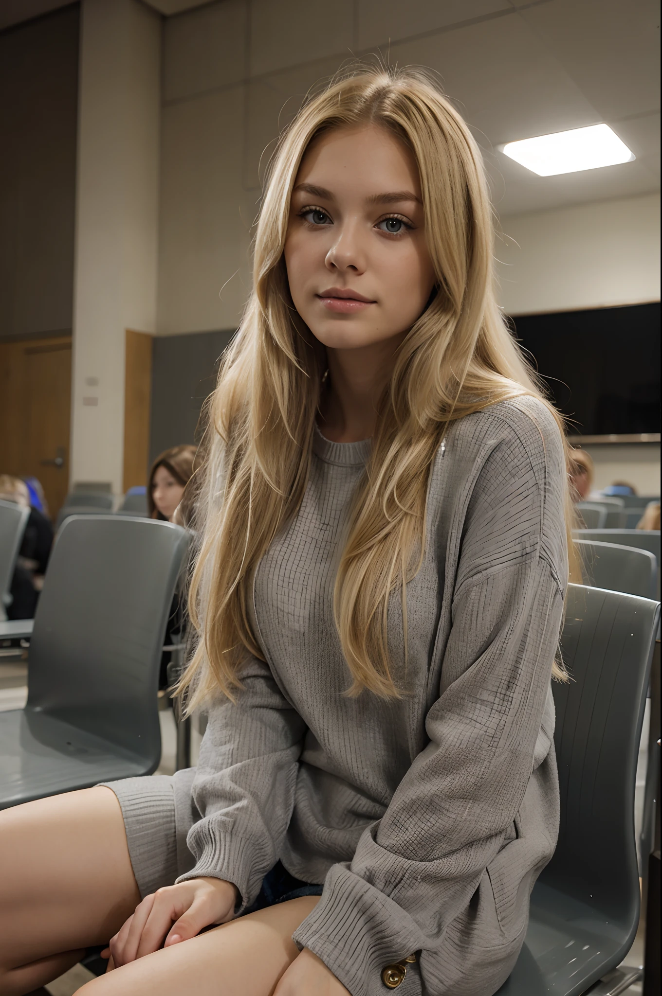 Gorgeous young blond woman with long light blond straight hair and a gray sweater sitting in the lecture hall of a university