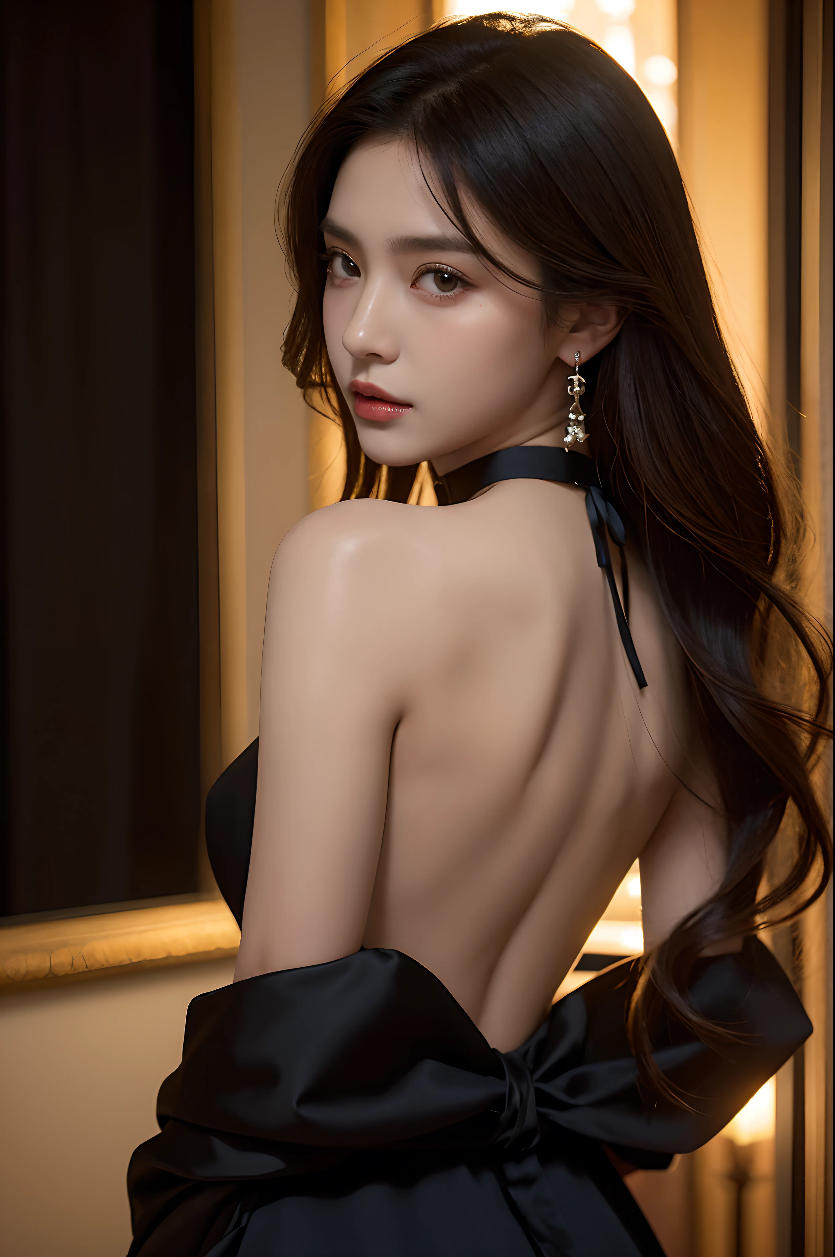 （Front focus），（in the darkness nigth：1.6），Surrealist portraits of women by David Hockney and Alphonse Mucha，Fantasyart，photographrealistic，动态照明，artstation，black gown，sam yang， 1girll， back， Bare shoulders and back， 黑The eye， dark circles， brown  hair， 耳Nipple Ring， jewely，black dressed evening dress， cparted lips， long whitr hair， looking at viewert， back to look back， choker necklace， cropped shoulders， Lips half open， sportrait， daysies， depth of fields， 独奏， （（tmasterpiece））Volumetriclighting，Very detailed faces，4 k，Award-Awarded， , 1girl, in the dark, deep shadow, low key, cowboy shot,(official clothes:1.4),long whitr hair,whaite hair,