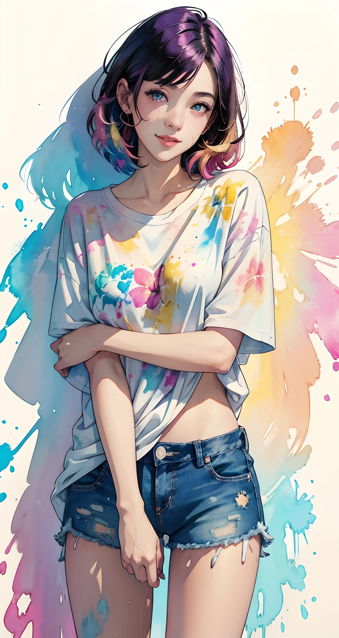 Plumeria painting with splatter background and spray paint effect, by Adam Hughes, Plumeria Flower Design T-Shirt and Jeans Shorts, Upper body center, multi color hair, Closed eyes, Big happy smile, Watercolor art, Watercolor painting, watercolor painting style, watercolor detailed art, watercolor digital painting, Watercolor Paint, Superbly detailed watercolor, Watercolor art,A Japanese Lady,18year old