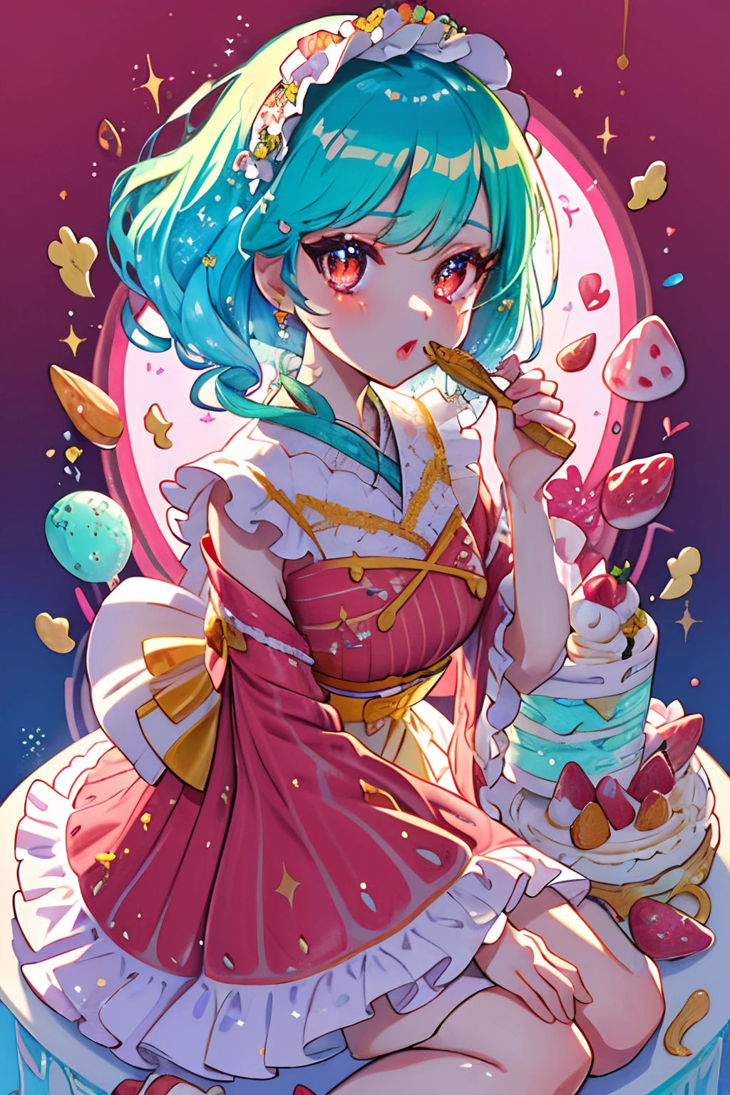 beautiful detailed fashion magazine style, intricate illustration, ice cream, sweets, shimmer, iridescent, light particles, cake, strawberries, fruits, dynamic angle, pink theme, glossy, shiny clothes, frills, 8k, wa****, ****ta fashion, kimono, beautiful detailed face, masterpiece, ultra detailed, wa ****ta