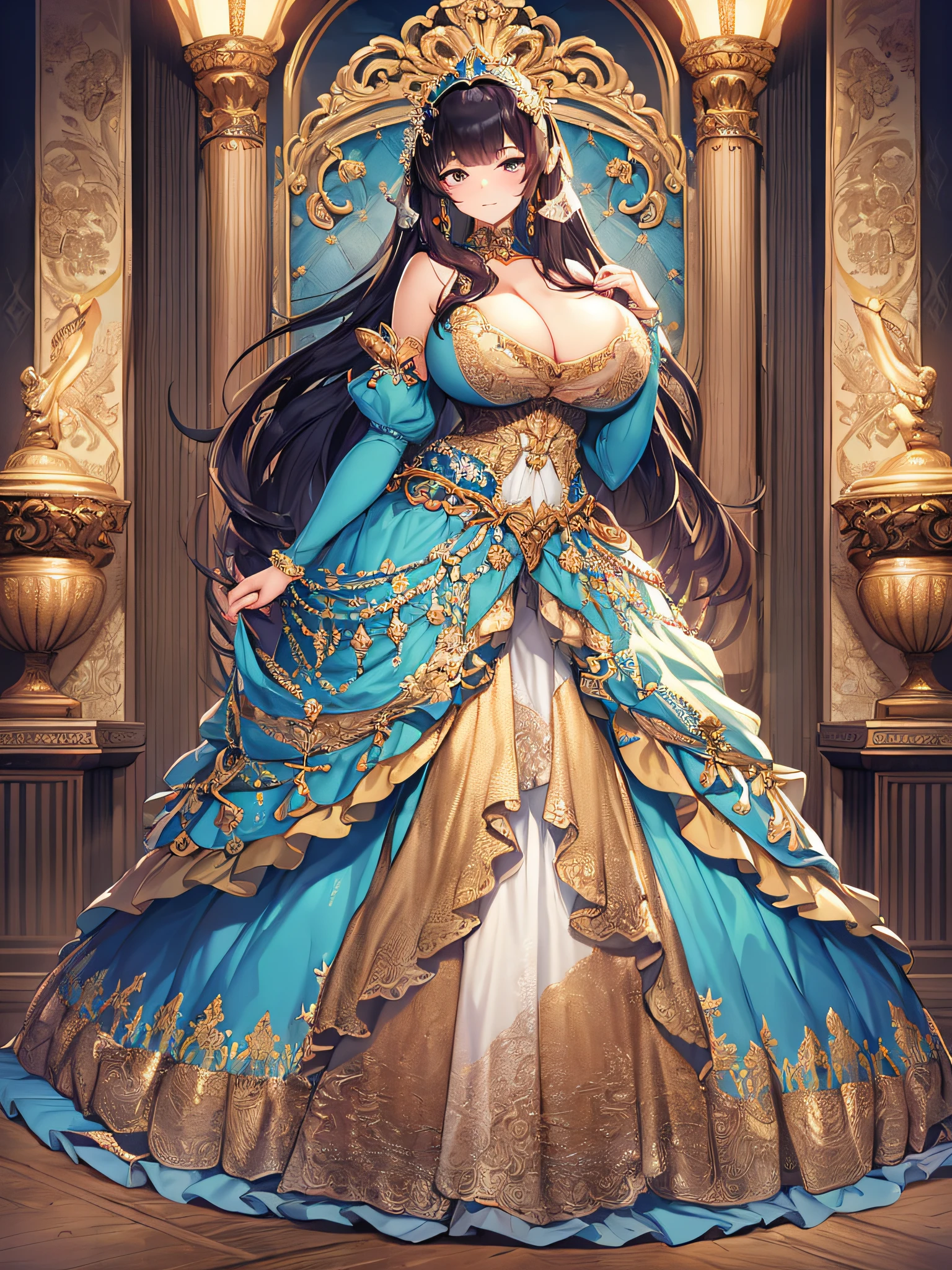 best quality, masterpiece, best definition, artwork, super detailed, many details, details, detailed,woman,((one princess)), full body, full body,((very gigantic boobs)),cleavage,Skindentation,(((absurdly long Hair))),Straight Hair,super detailed gorgeous ballgown with voluminous full length hoop skirt,beautiful embroidery and jeweled gorgeous rococo ballgown with many ruffles,beautiful embroidery and jeweled gorgeous rococo ballgown with big bows,beautiful embroidery and jeweled gorgeous rococo ballgown with big bows,ruffles,whole body,
