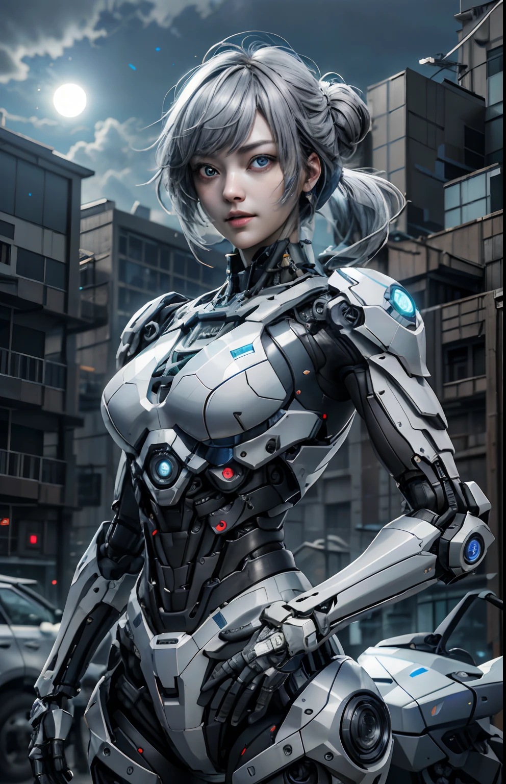 (top-quality)), ((masterpiece)), (ighly detailed:1.3), 。.。.。.3D, A Beautiful Cyberpunk Woman, Mechanic suit, sci-fi technology, nffsw(HighDynamicRange), Ray traching, NVIDIA RTX, Hyper-Resolution, Unreal 5, Sub-surface scattering, PBR Textures, post processed, Anisotropy Filtering, depth of fields, Maximum sharpness and sharpness, Multilayer Texture, specular and albedo mapping, Surface Shading, Accurate simulation of light-material interactions, perfectly proportions, octane renderings, Duotone lighting、Low ISO、White Balance、thirds rule、Large aperture、8K Raw、high efficiency sub-pixel、sub-pixel convolution、light particules、light scattering、Tindall Effect、、fighting poses、Grey Hair、poneyTail、Luminescent eyes、fullmoon、Shot with R5、