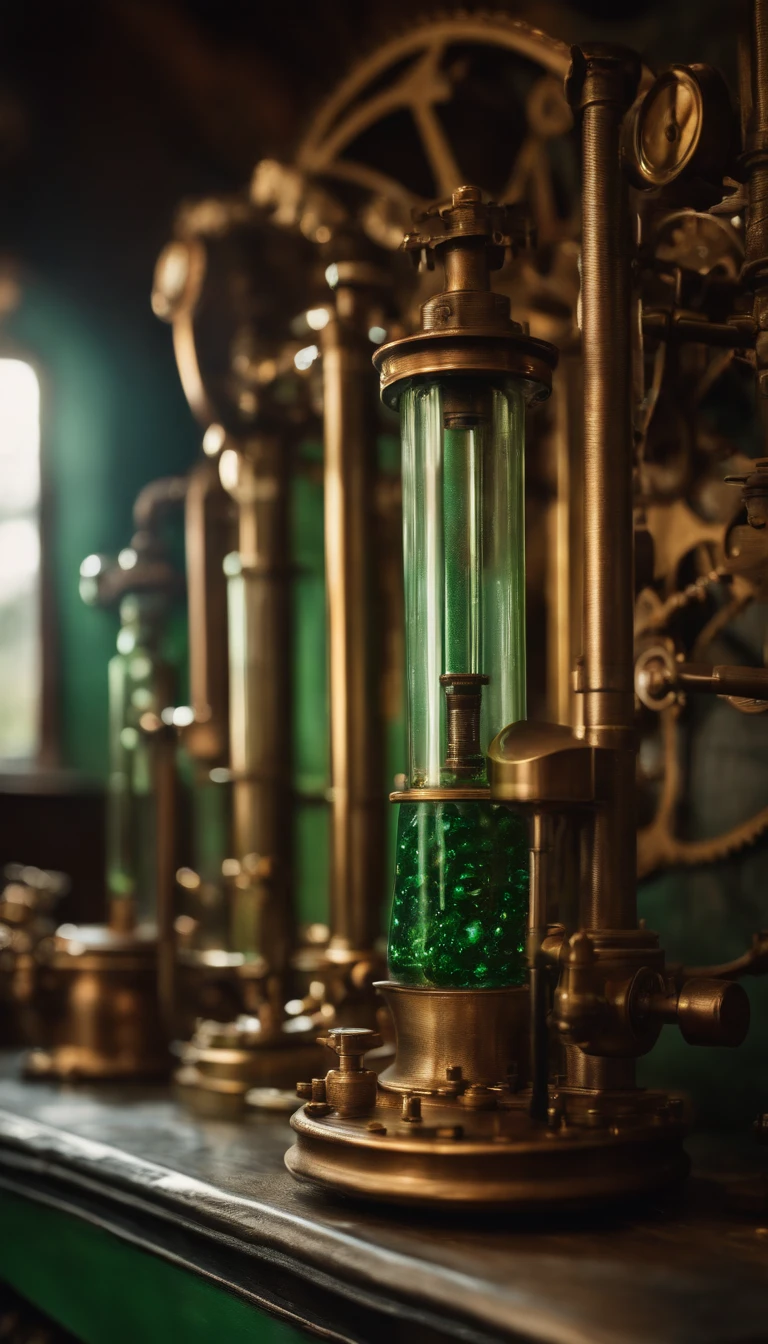 Mobile wallpaper in steampunk style with a door full of copper and brass gears, muitos tubos cobre polido, vapor, Tubes with bright light green liquids, Pressure gauge, 3D, realista, 4k