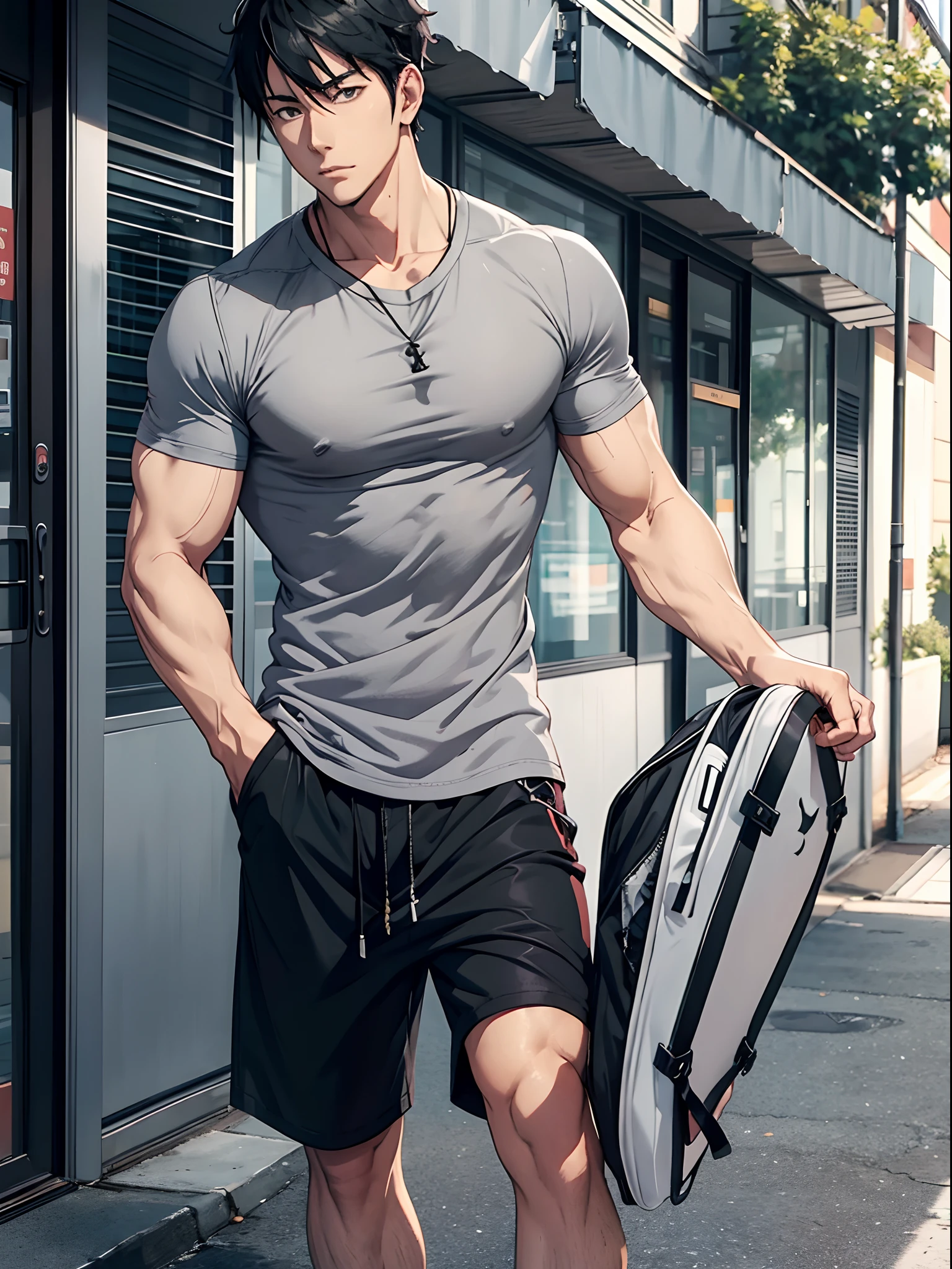 handsome anime man in gray shirt, black tatooes, platform flip flops