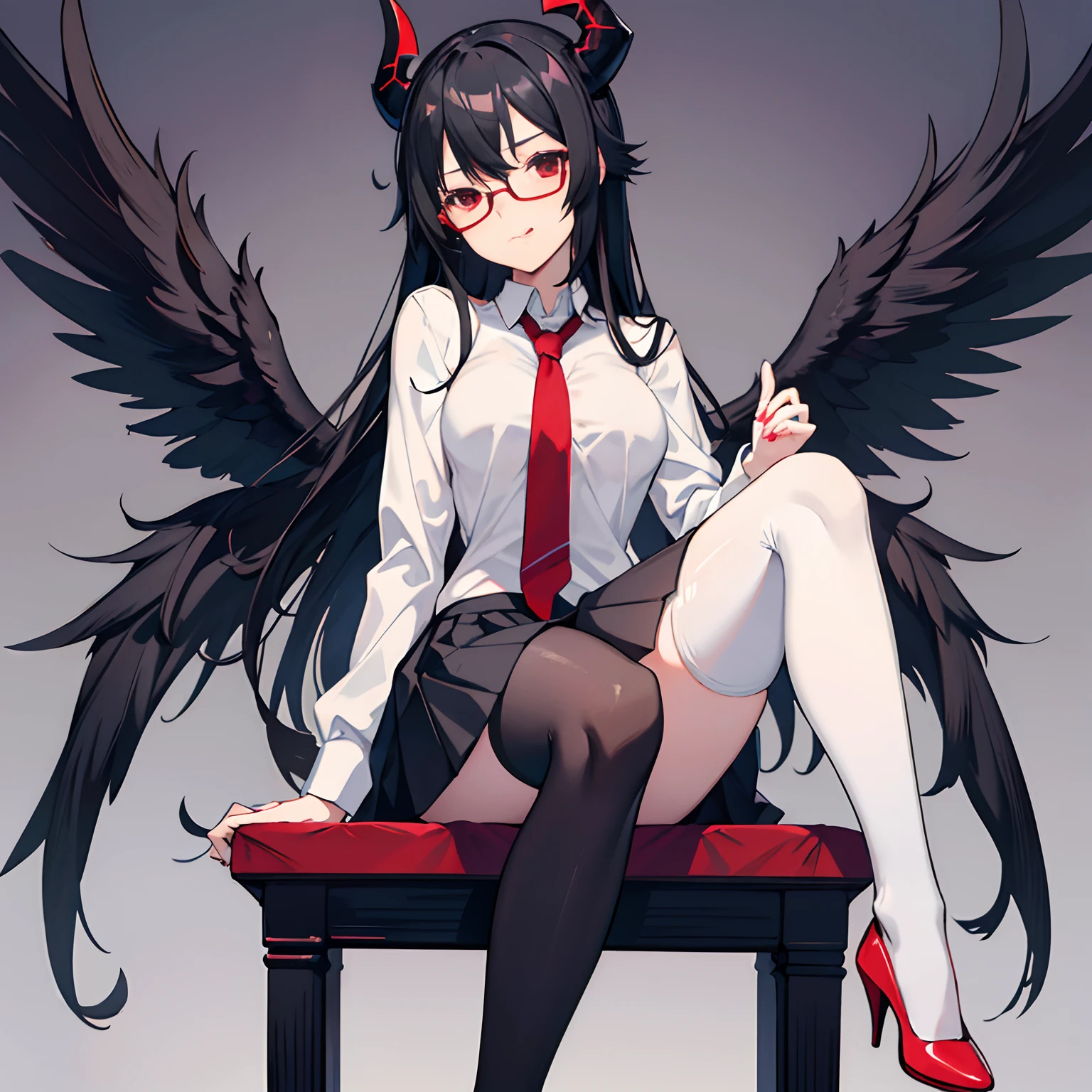 "anime girl, 1 person, black hair, shoulder-length hair, red eyes, glasses, white horns, wearing women's shirt, tie, school clothes, big breasts, tights, high heels, sitting  crossed legs, licking lips, small black wings on back, front view, (full HD 4K+ image)"