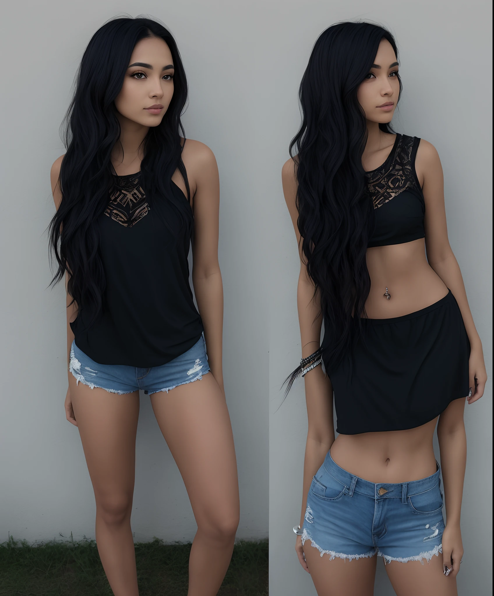 Pele morena, short curto, cabelo liso preto, 1,59cm e 59kg