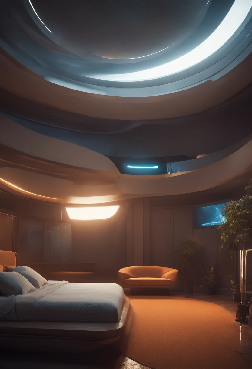 A gorgeous science fiction bedroom matte painting - fi by John Harris, Sparth e Greg Rutkowski. bordas afiadas, azul tiffany, cinza laranja, branco e dourado. sci - fi quarto em uma base espacial, Fora das janelas um horizonte da cidade do futuro, Efeito de Luz. ultra claro detalhado, 3D, octan render. 8 mil