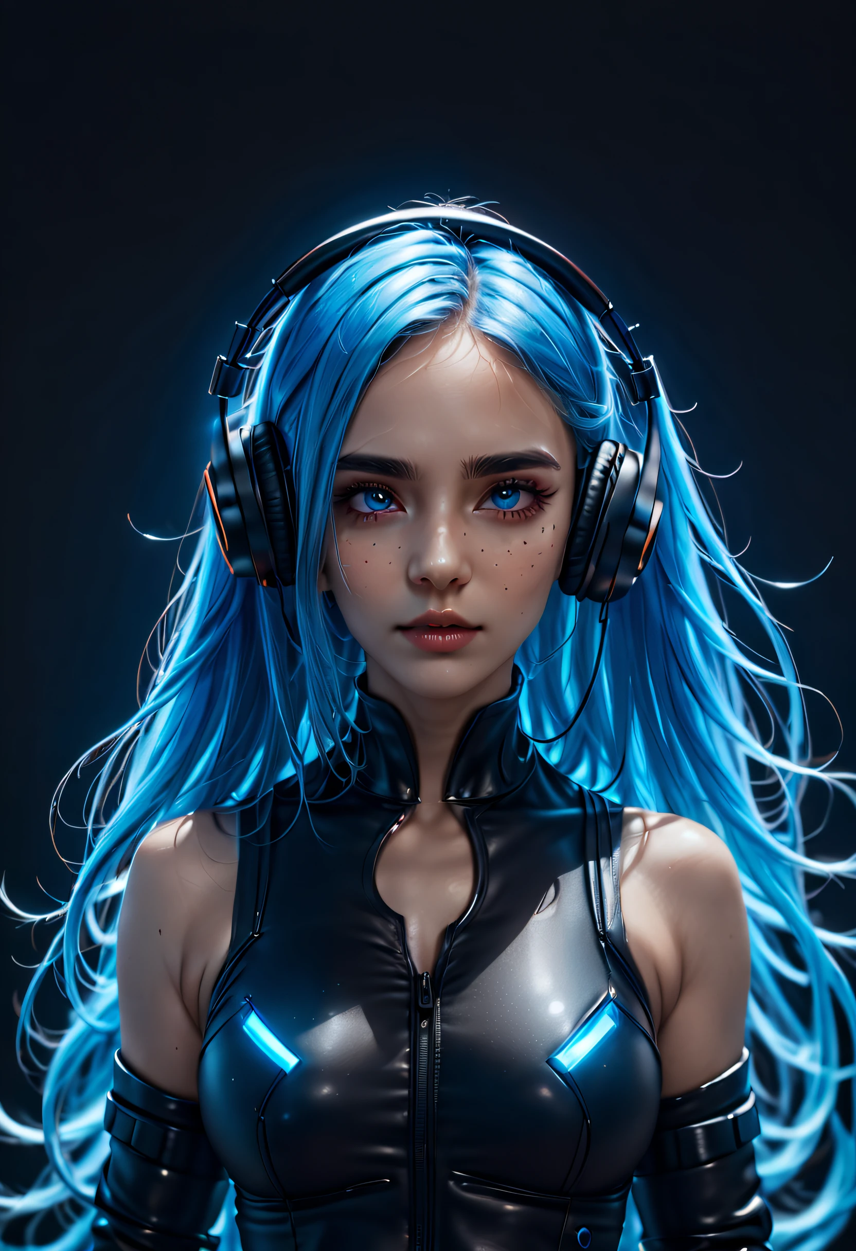 girl with long blue hair, blue eyes, futuristic vibes, mask on mouth, headphones, 8k, high quality, simple background, glowing eyes, nice pose